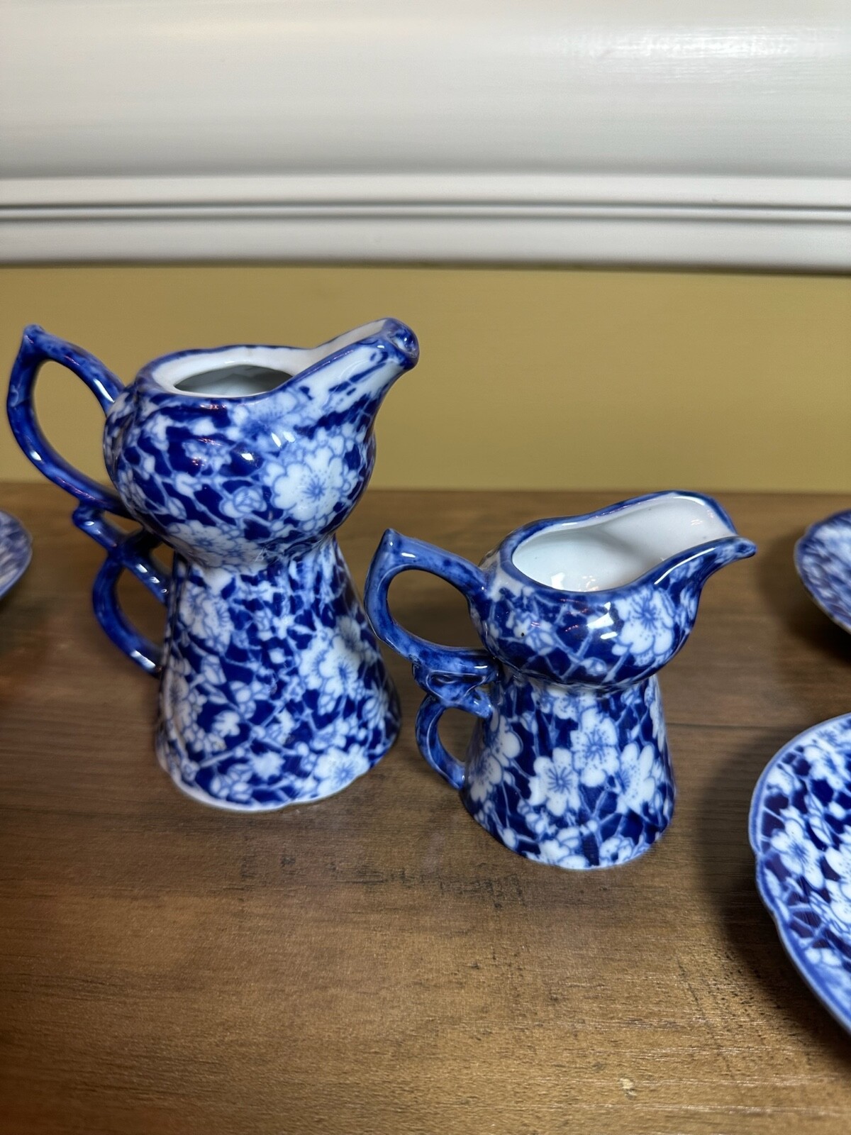 Victoria Ware Stoneware Small Tea Cups Saucers Sugar Creamer Cobalt Flue Floral