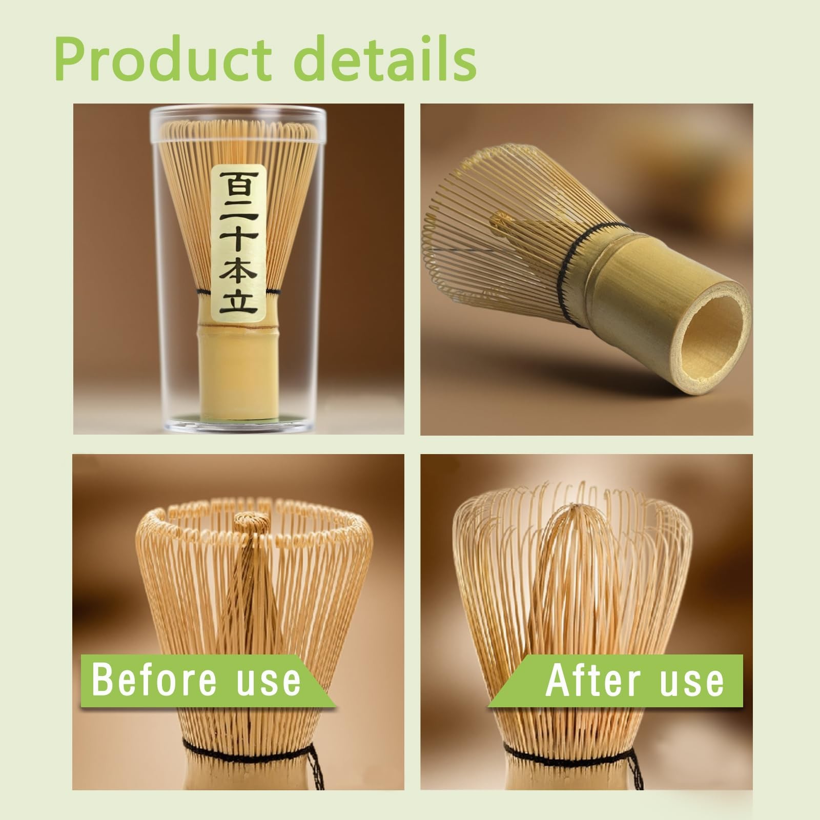 Delicate Matcha Whisk 120-Prong Handcrafted Bamboo Chasen, Natural