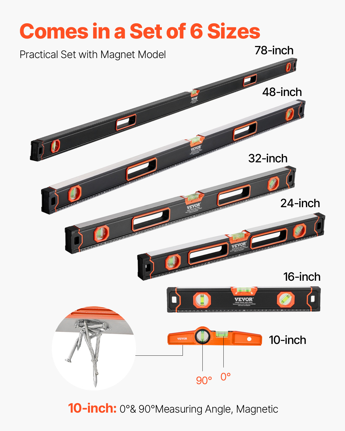 VEVOR 6PCS Torpedo Level 78/48/32/24/16/10" Aluminum Alloy Body w/ Bubble Vials