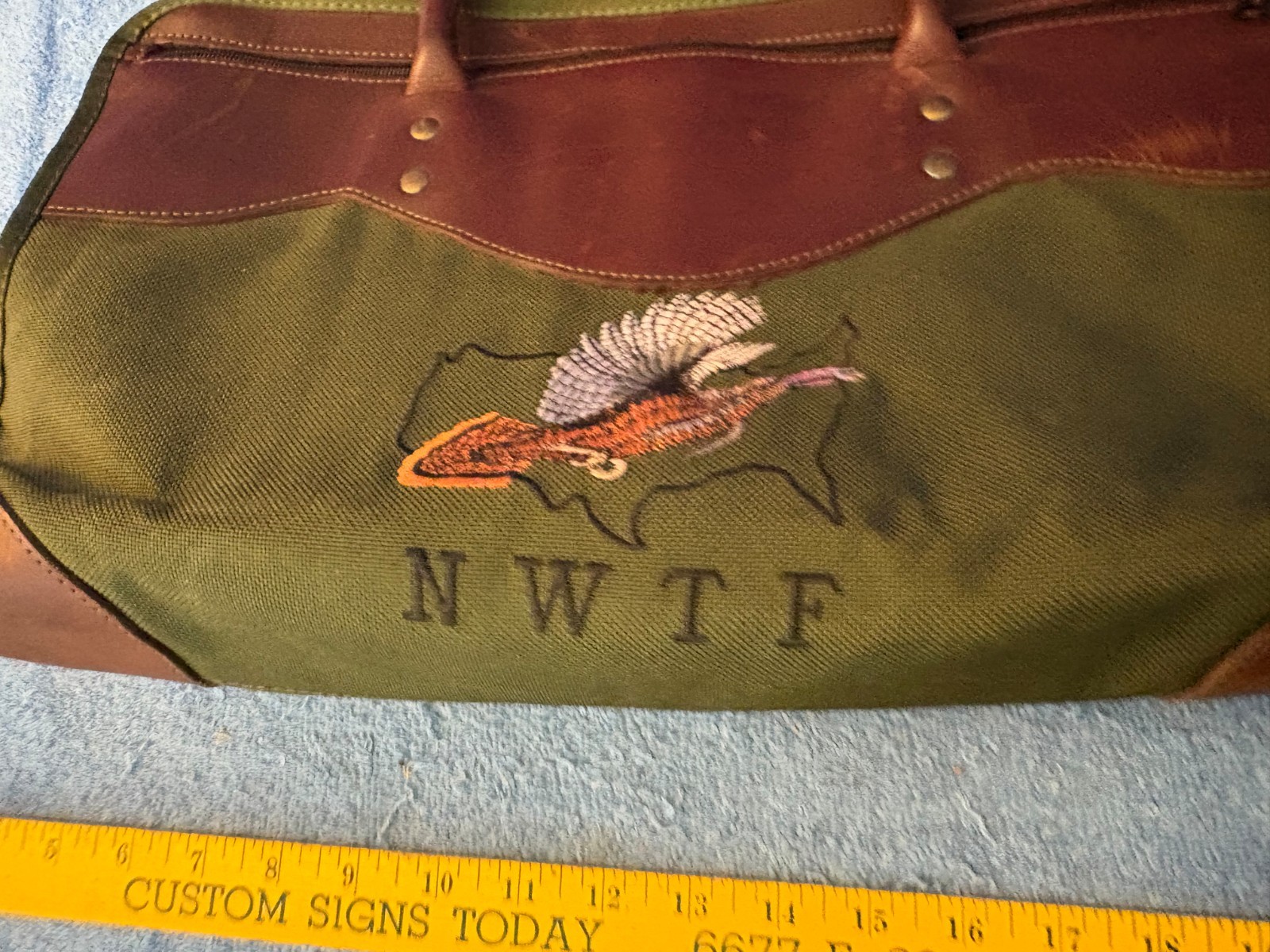 NWTF National Wild Turkey Federation Green Canvas Leather Bag Boyt ?