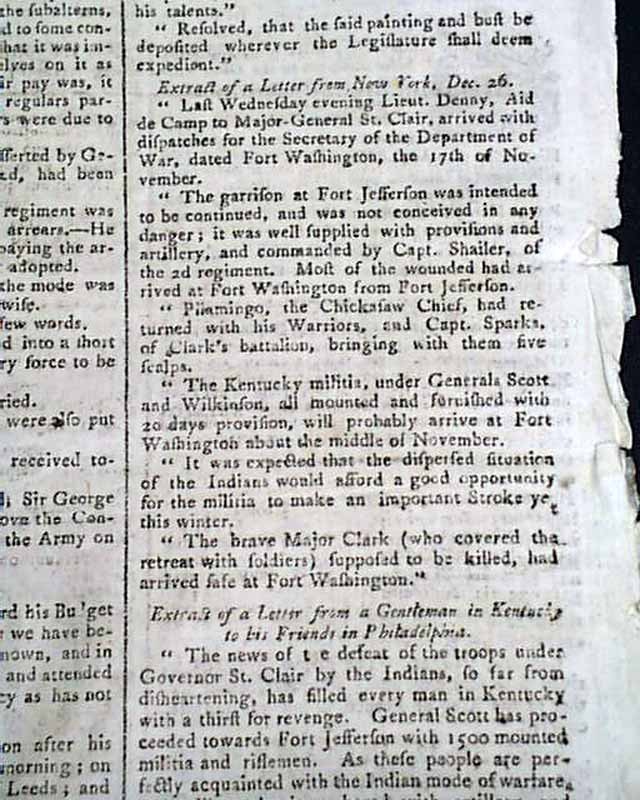ST. CLAIR'S DEFEAT Battle of the Wabash River Ohio INDIANS Victory 1792 Original
