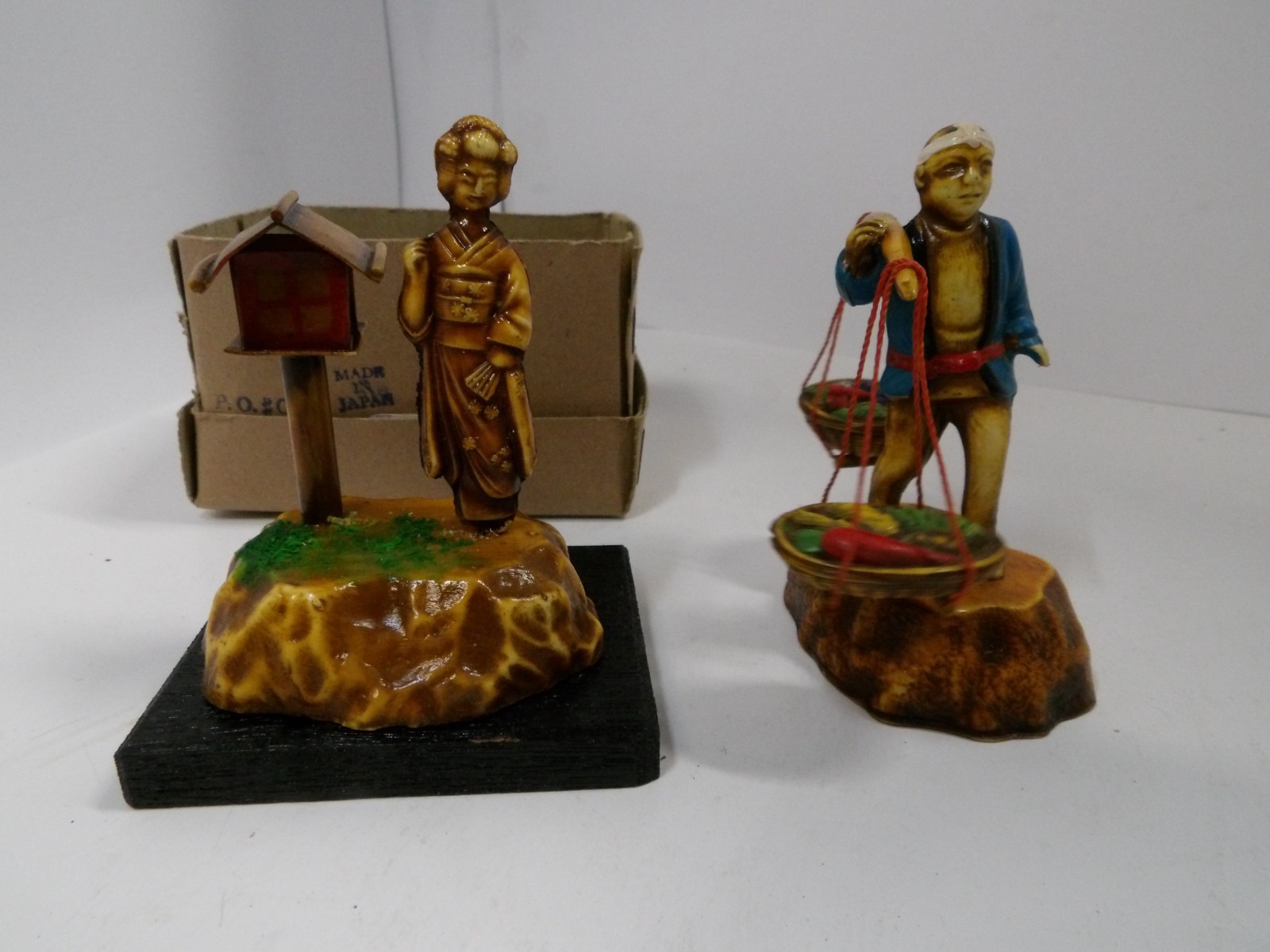Lot of 2 Japan Japanese celluloid figures Geisha & Farmer