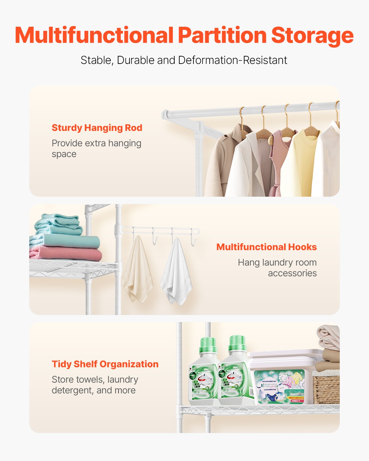 VEVOR Over Washer and Dryer Storage Shelf Single Row 3 Tiers Washer Rack White