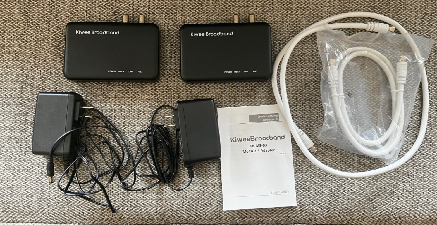 Kiwee Broadband KB-M3-03 MoCA 2.5 Adapter Kit 2.5GbE PoE+ 30W Ethernet Over Coax