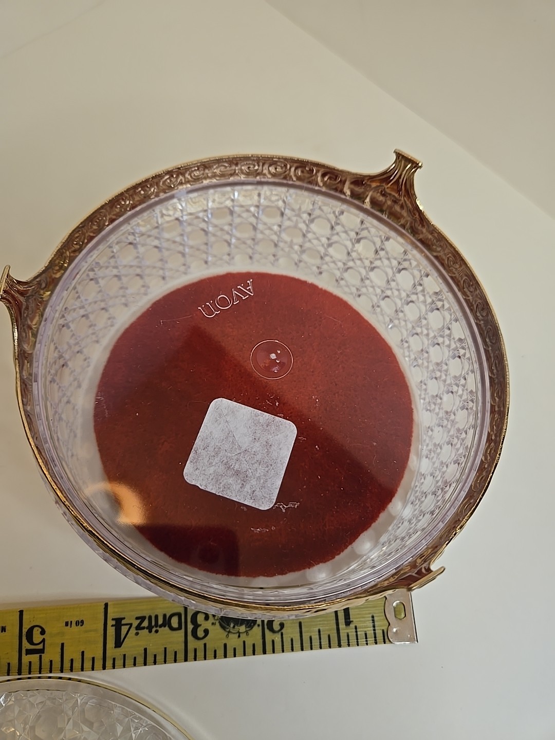 Vintage Avon Powder Box Hollywood Regency Cut Crystal Plastic w Red Puff Vanity