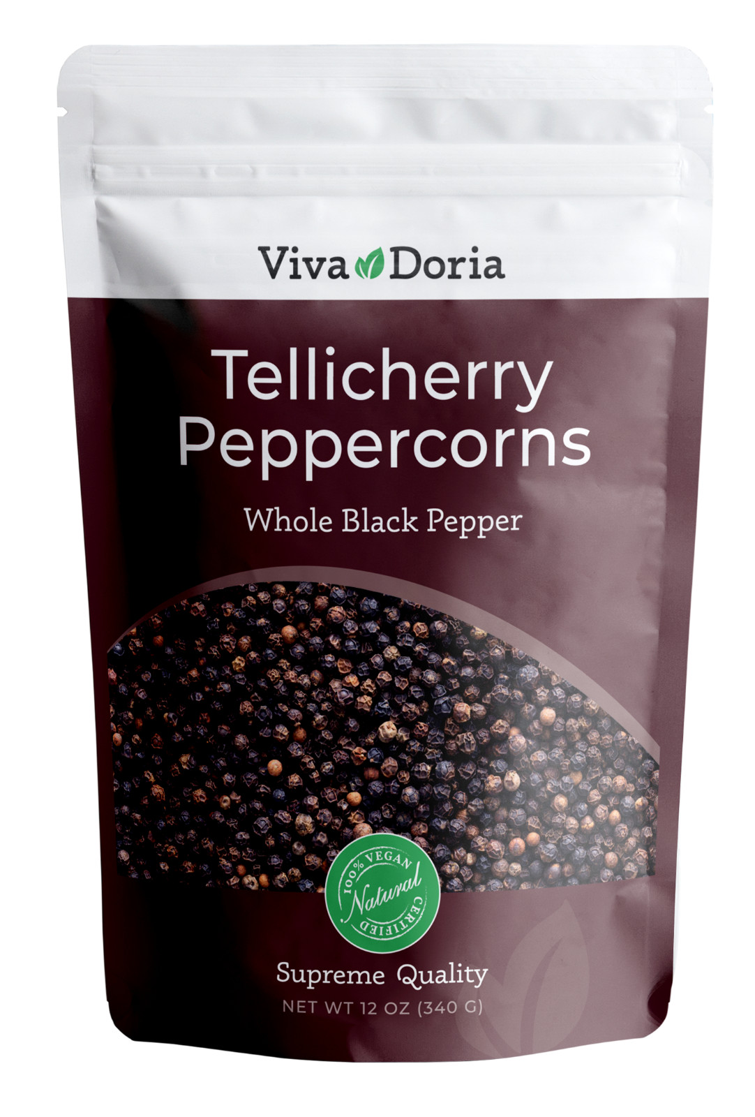 Viva Doria Tellicherry Peppercorn (Whole Black Pepper) for Grinder Refill, 12 oz
