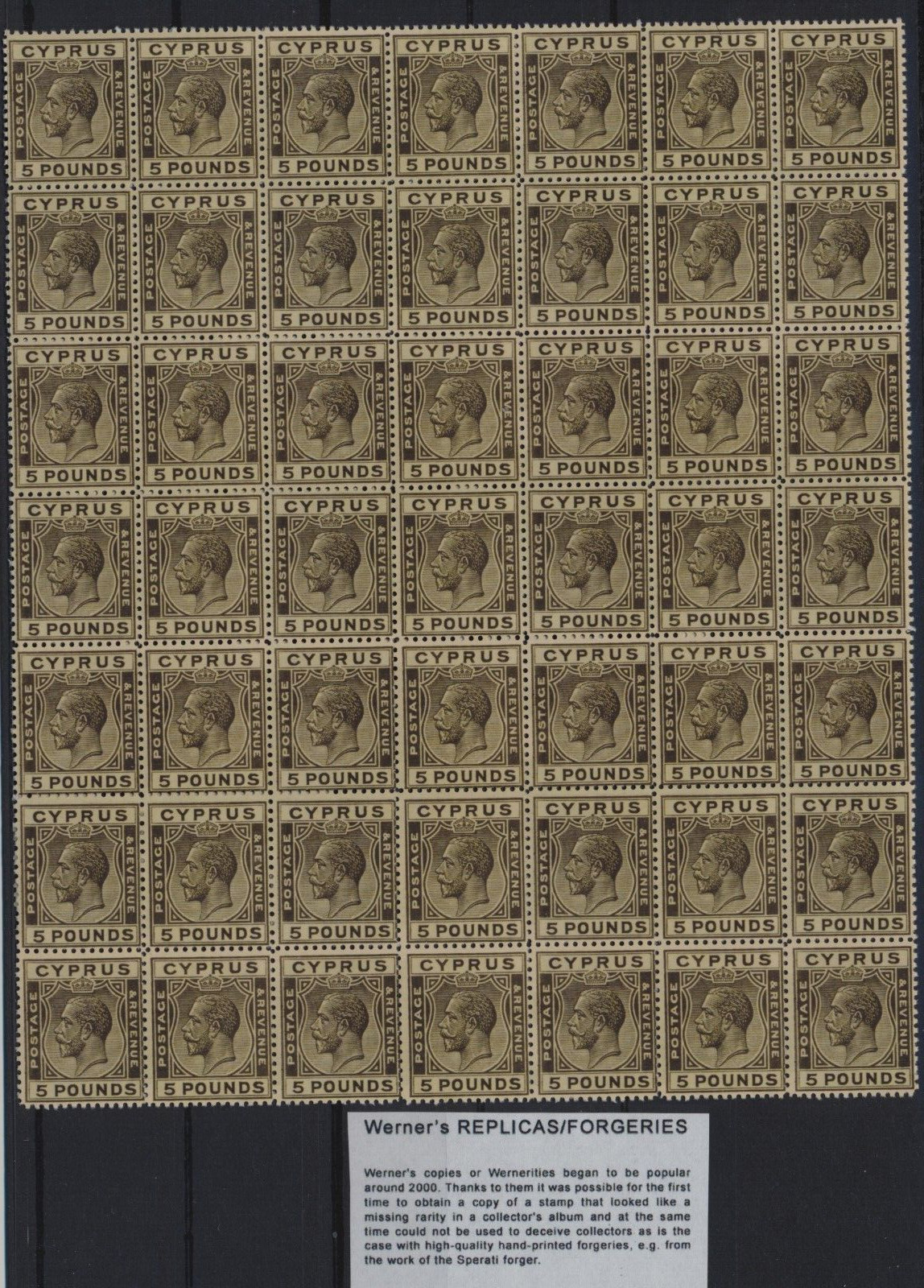 FORGERY - Sheet of Werner's FORGERY/REPLICA of Cyprus 1924-28 £5 Blk & yel