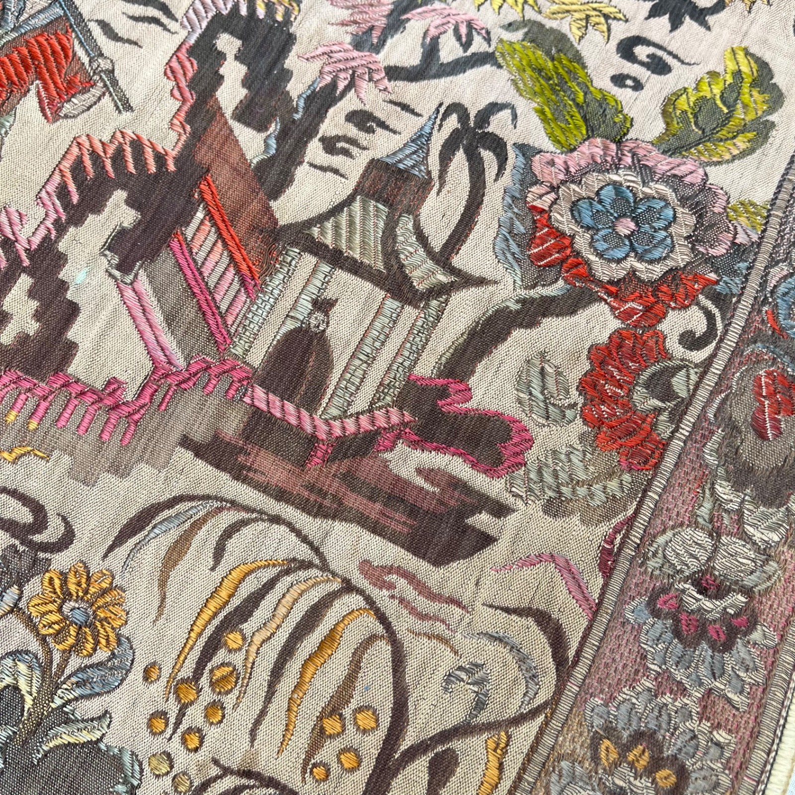 Vintage Asian Silk Hand Embroidered Textile 48 x 17 Panel Runner Pagoda Scene