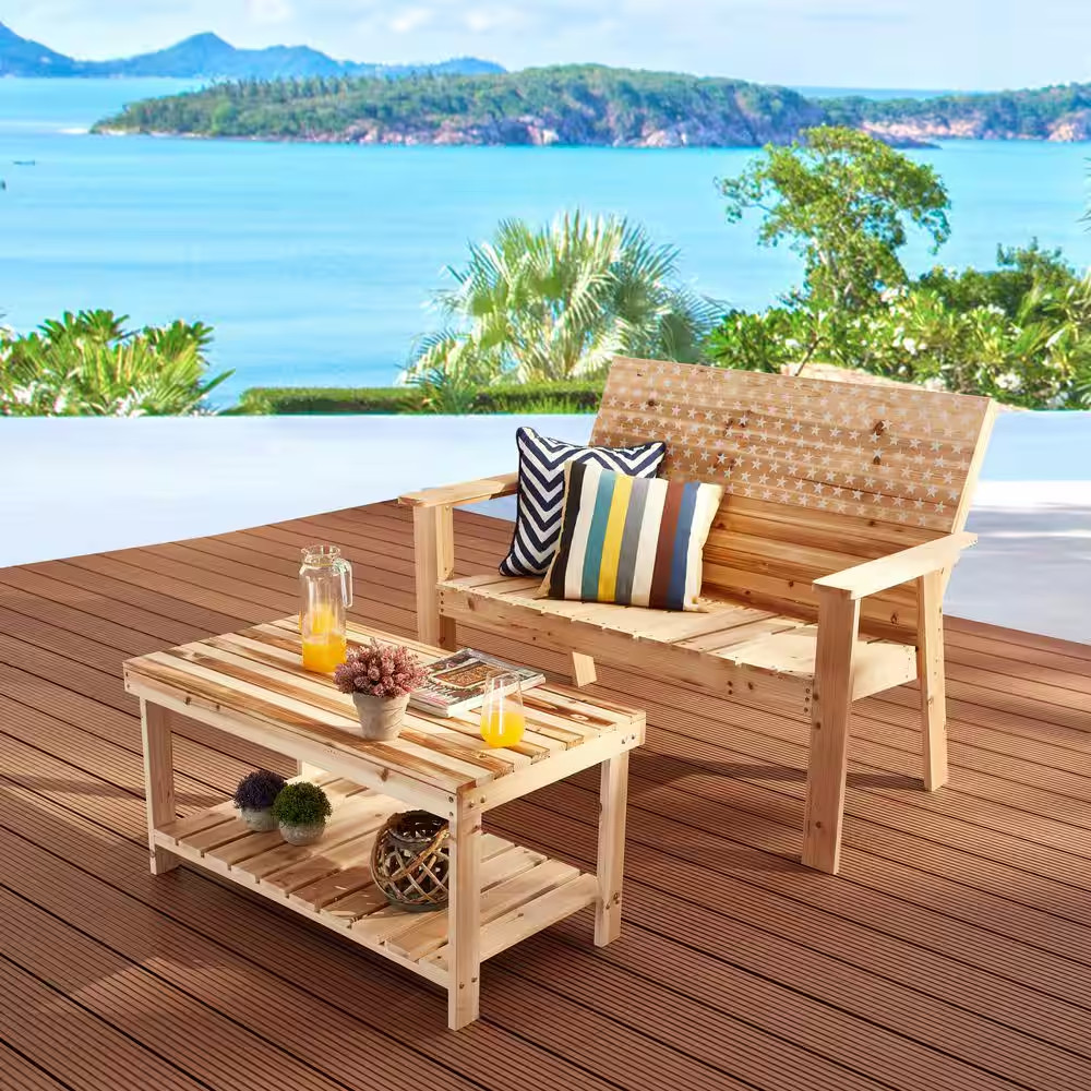 2-Piece Wood Patio Conversation Set with Engraved Bench and Coffee Table