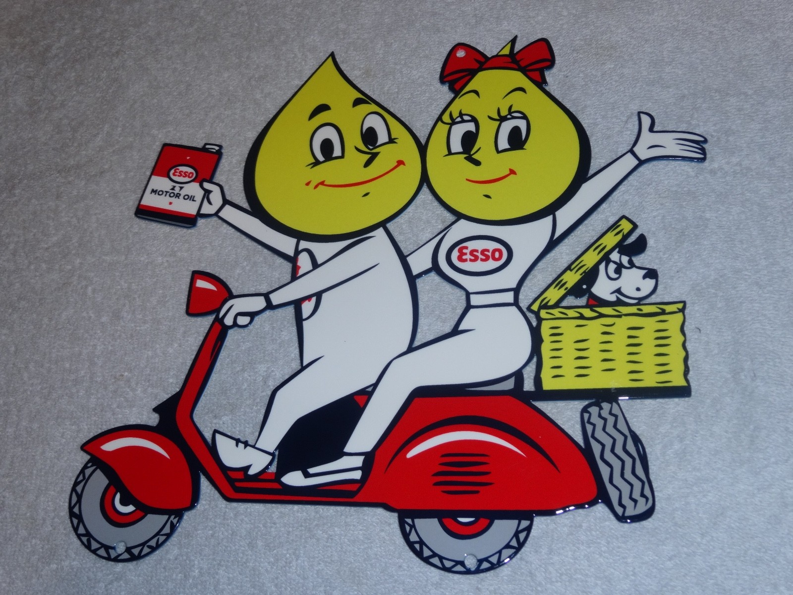 VINTAGE ESSO OIL DROP BOY & GIRL ON VESPA SCOOTER W/ DOG 12" METAL GASOLINE SIGN