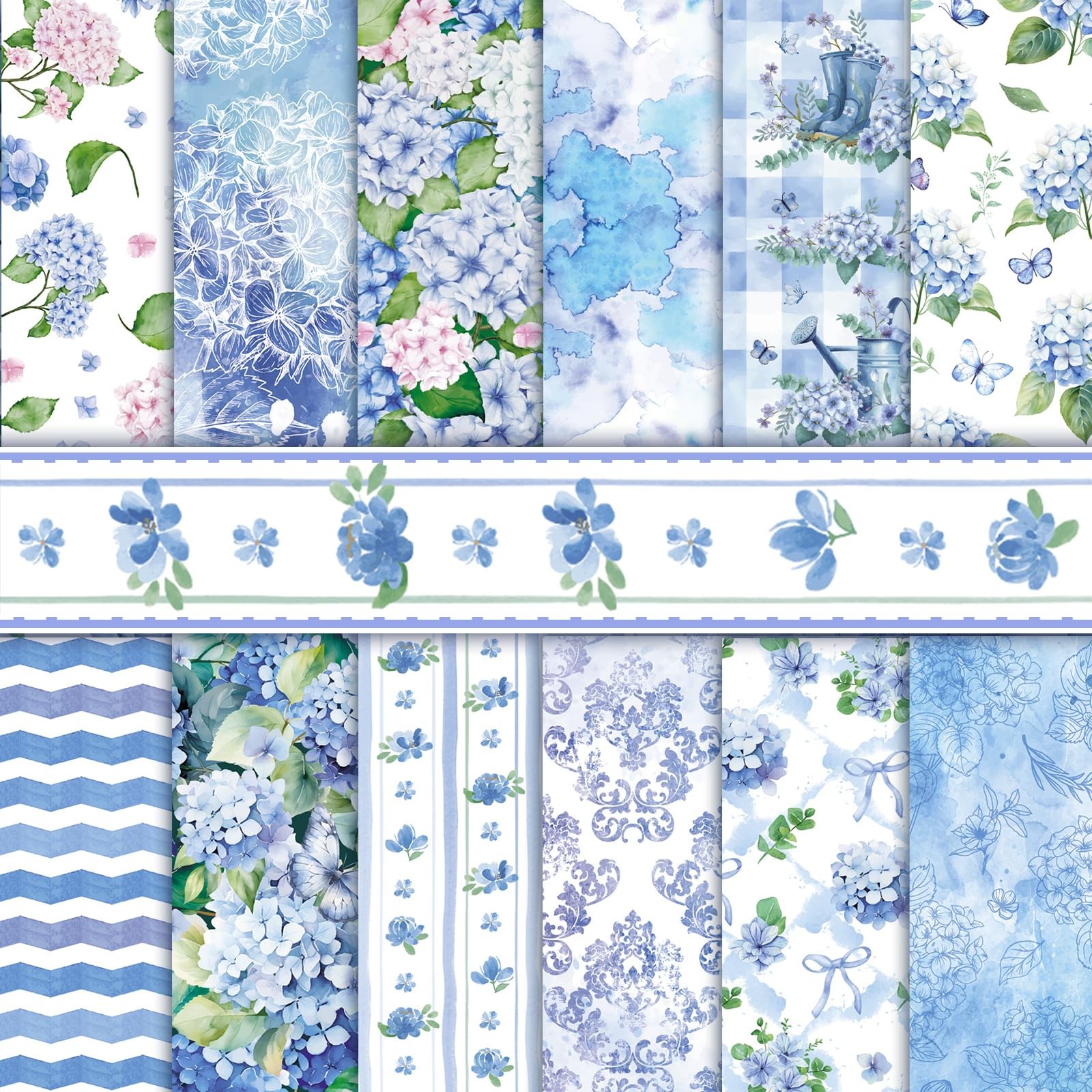 New Konsait 24 Sheets Hydrangea Scrapbook Paper 12x12 Double Sided Blue Pattern