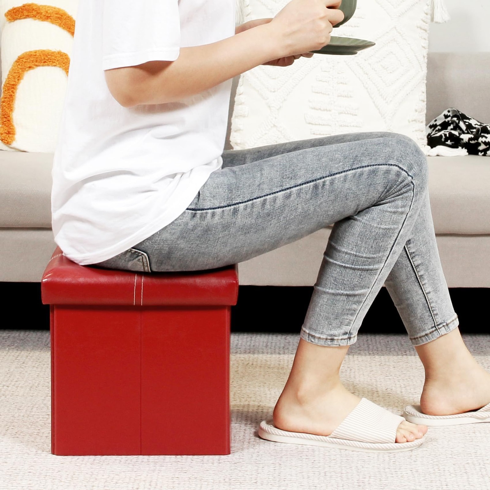 Folding Storage Ottoman Cube, Faux Leather Footrest Seat Coffee Table, Red 11...
