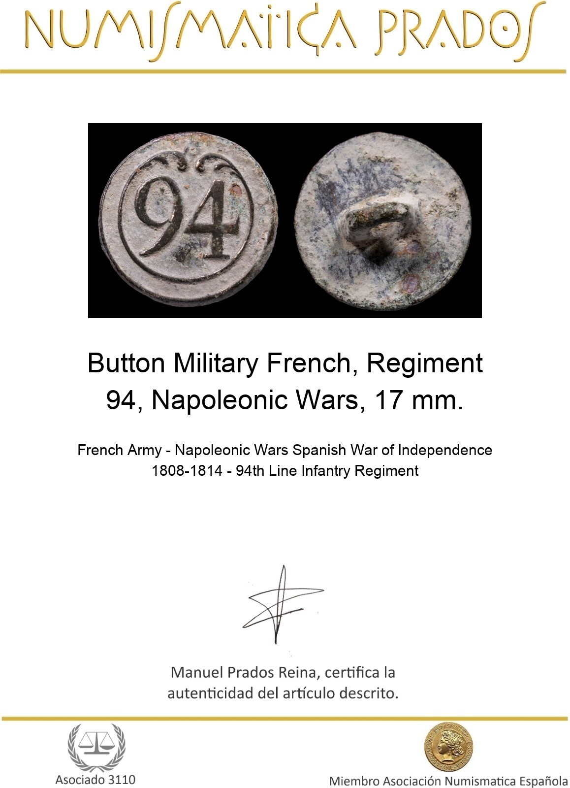 Button Military French, Regiment 94, Napoleonic Wars, 17 mm.