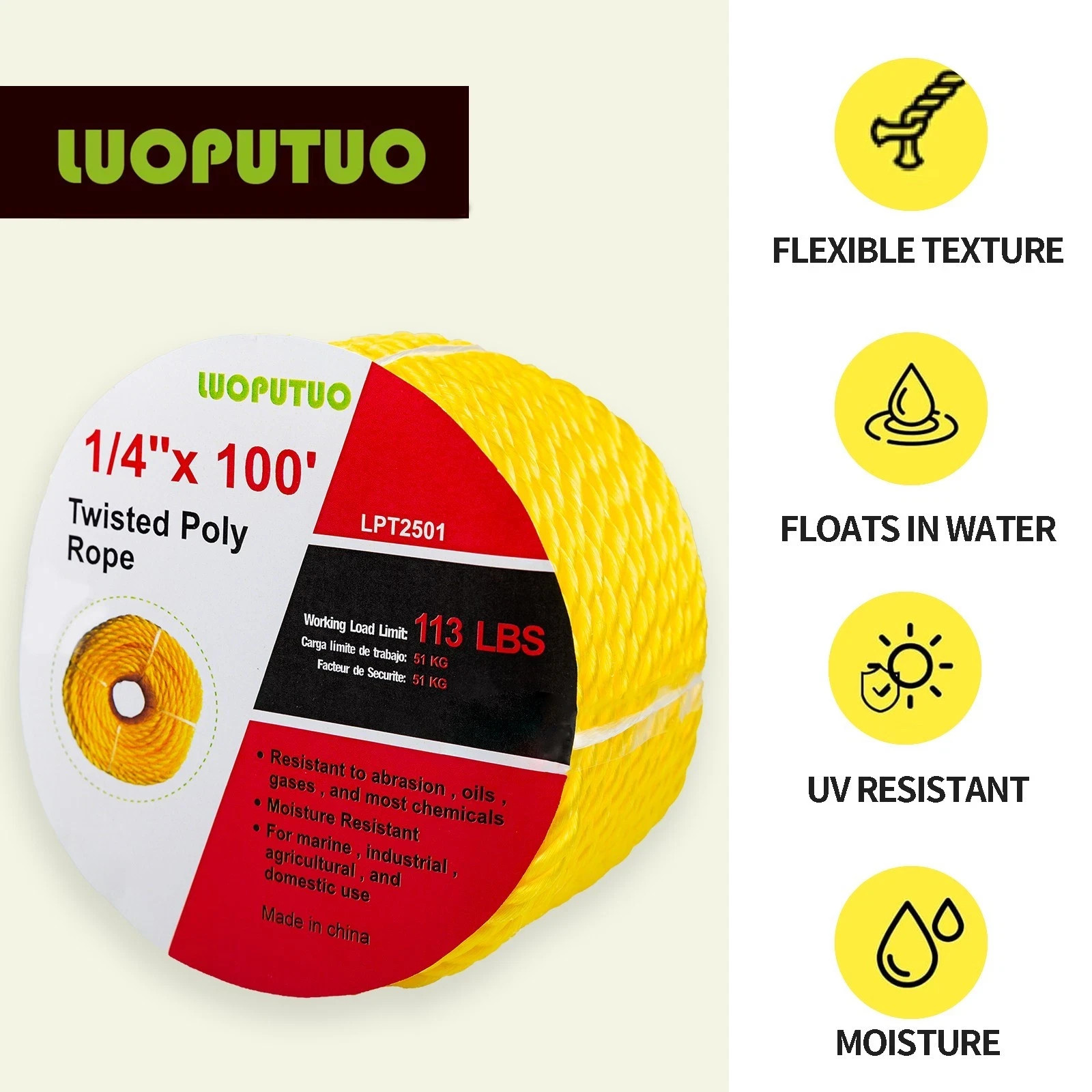 Yellow Twisted Polyprolene Rope 1/4 100ft Heavy Duty Poly