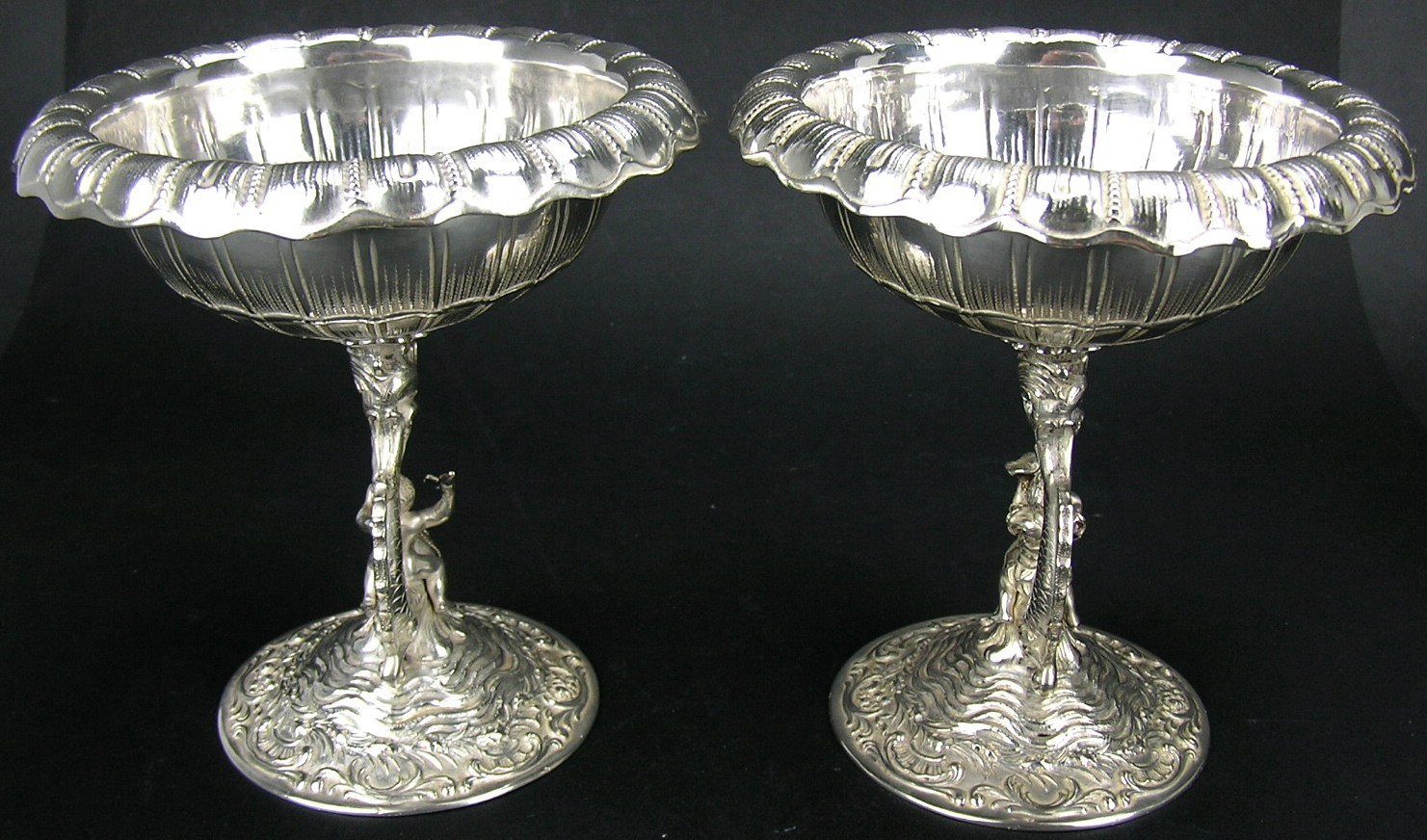 Pair Old 800 Silver German Sweet Meat Compotes Putti Riding Dolphin Hanau 627g