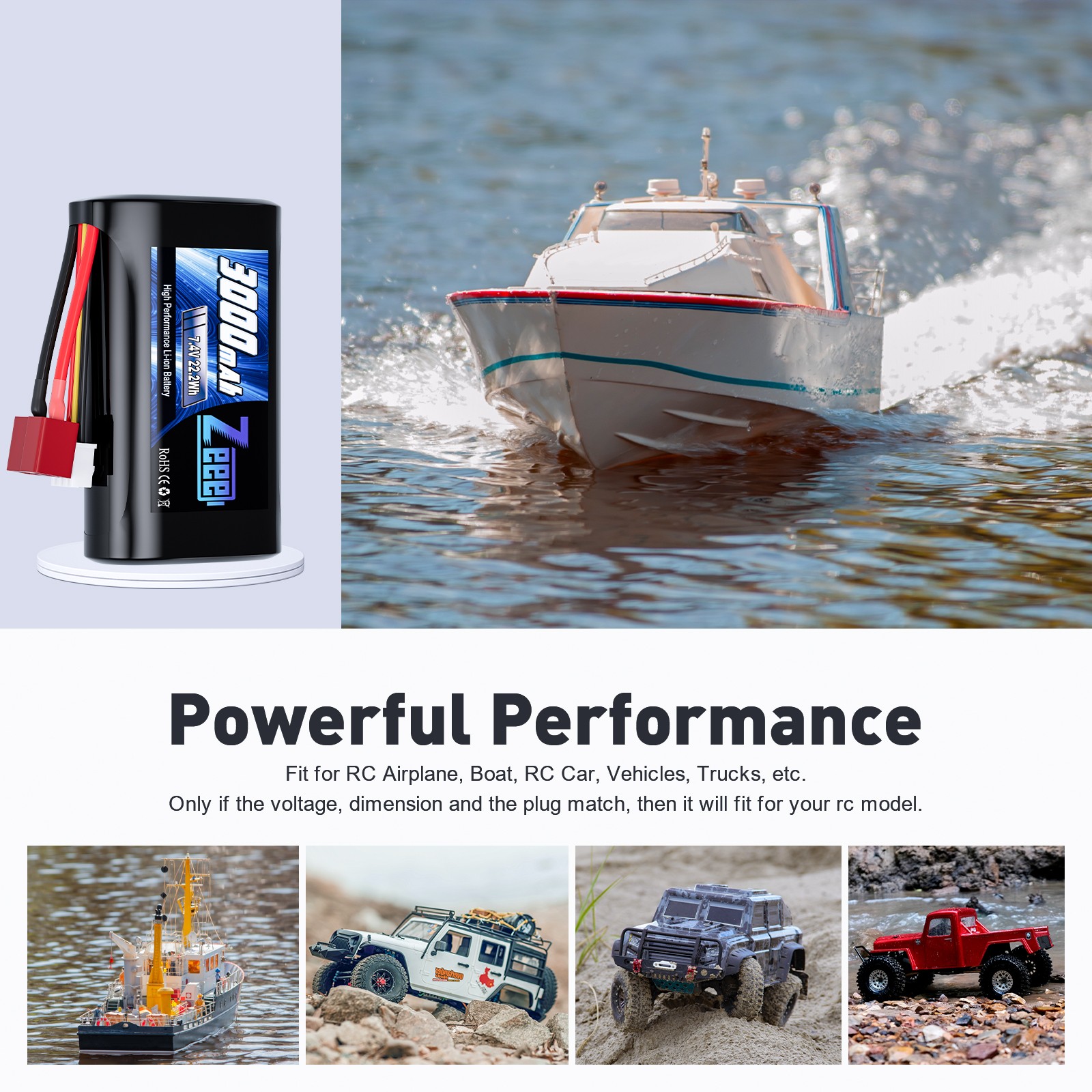 2x Zeee 7.4V 2S Li-ion Battery 3000mAh with T Connector USB Charger