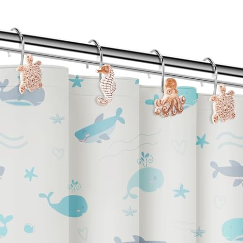 Seashell Shower Curtain Hooks, 12Pcs Decorative Anti Turtle Starfish Octopus