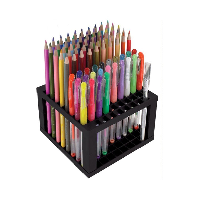 96 Hole Square Pen Holder Black Plastic Pencil & Brush Markers Holder Stand
