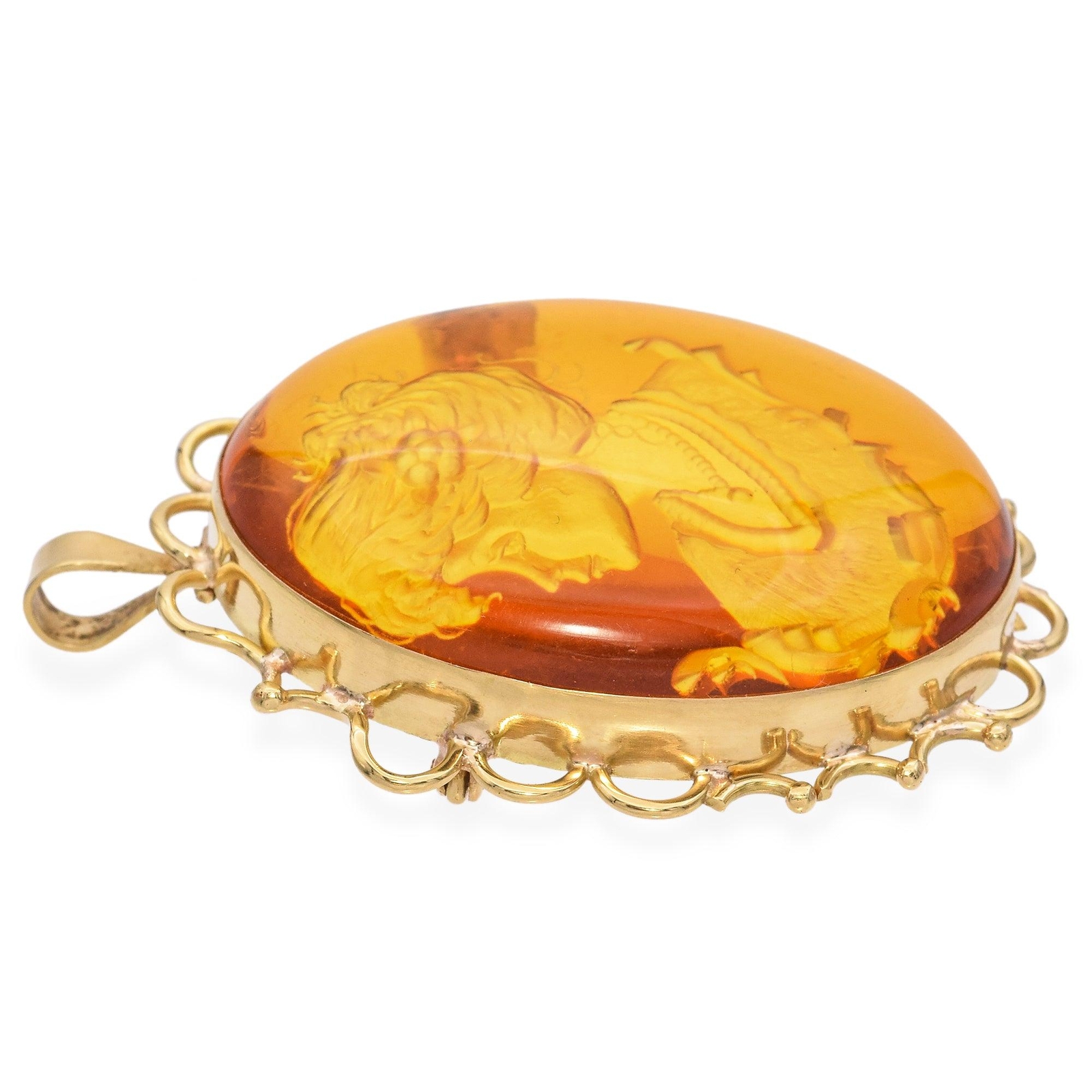Vintage 18K Yellow Gold Carved Woman Amber Intaglio Brooch Pendant