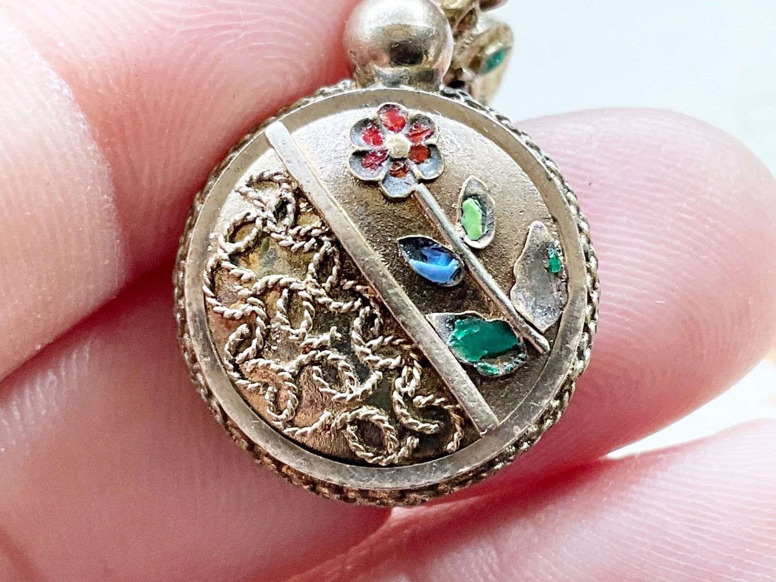Antique Gold Filled Pocket Watch Chain Fob with Enamel Flowers & Etruscan Work