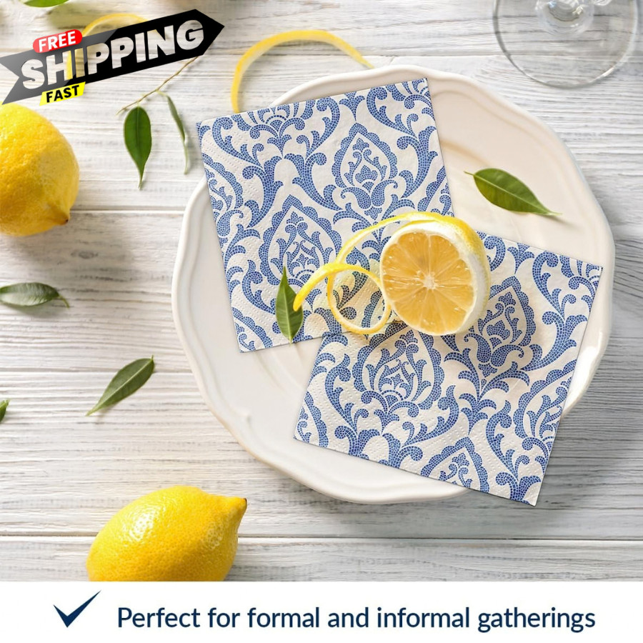 PAW 5'' Blue Cocktail Napkins 100 Pcs Portuguese Tile Party Beverage