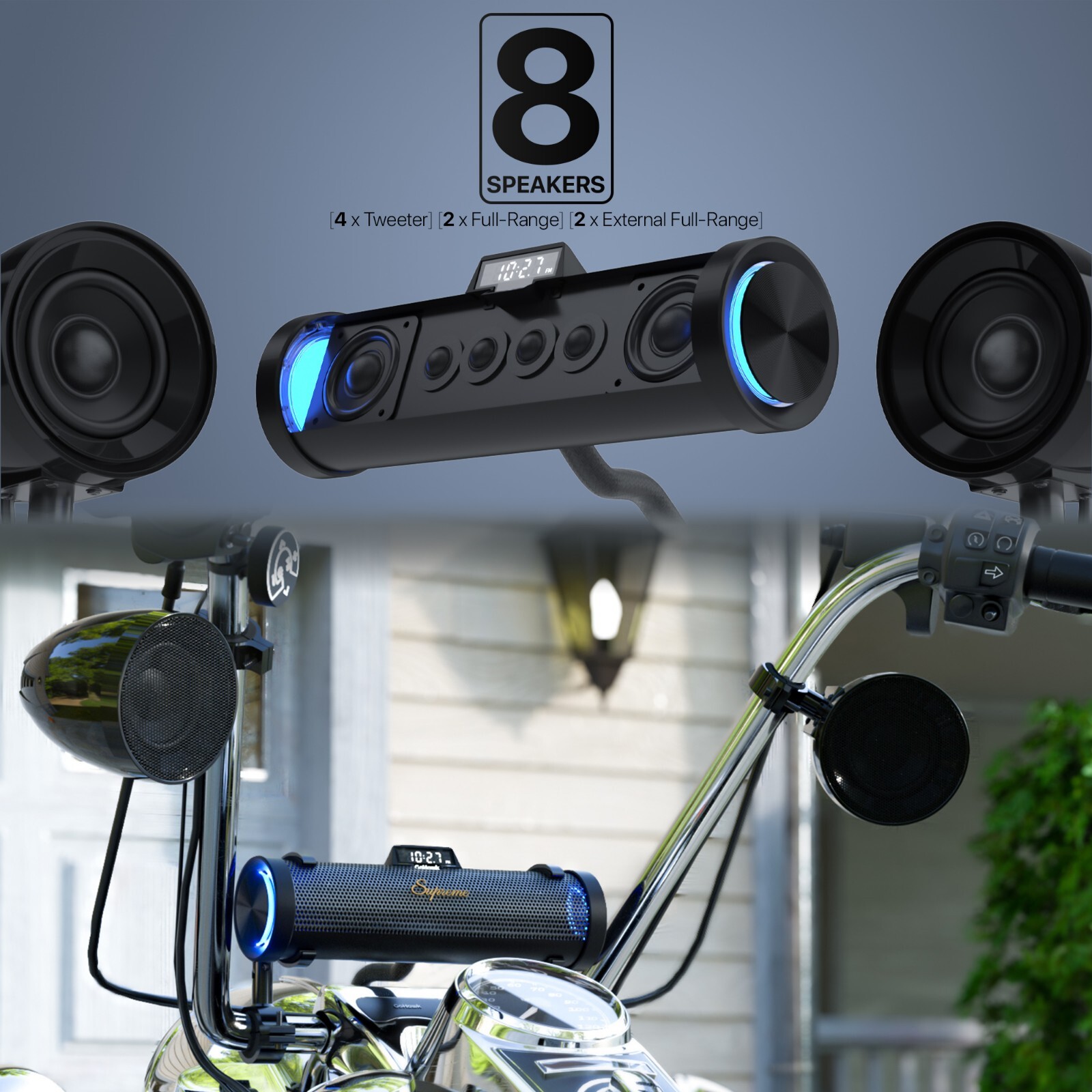Waterproof Bluetooth Motorcycle Stereo 8 Speaker Soundbar Audio Radio MP3 System
