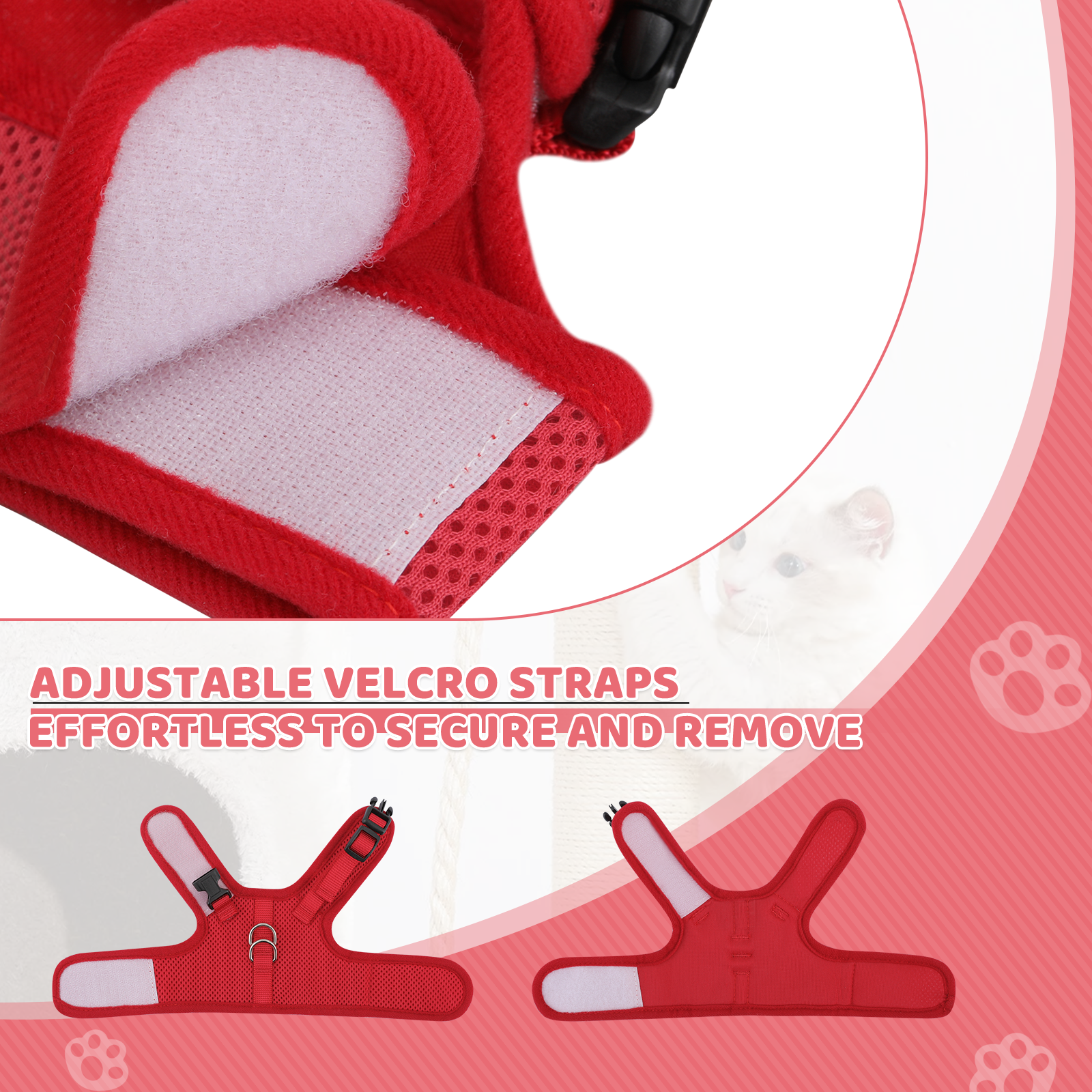 Escape Proof Cat Harness Mesh Adjustable Kitten Vest Reflective Red w/D-rings