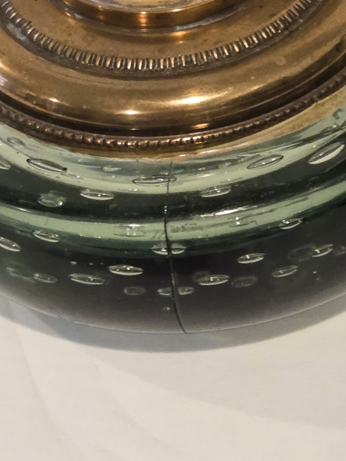 Glass Ink Well hand Blown Controlled Bubbles Brass Antique Green