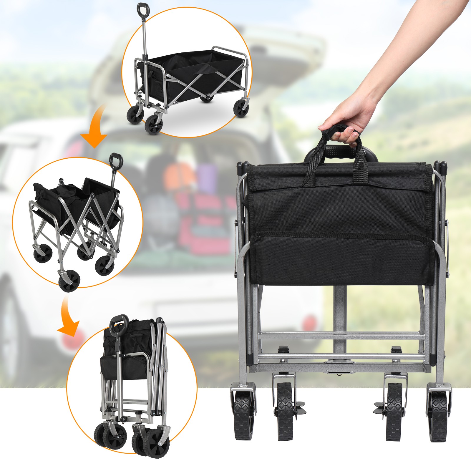 Collapsible Folding Wagon Cart Outdoor Beach Wagon with All Terrain Wheels Black