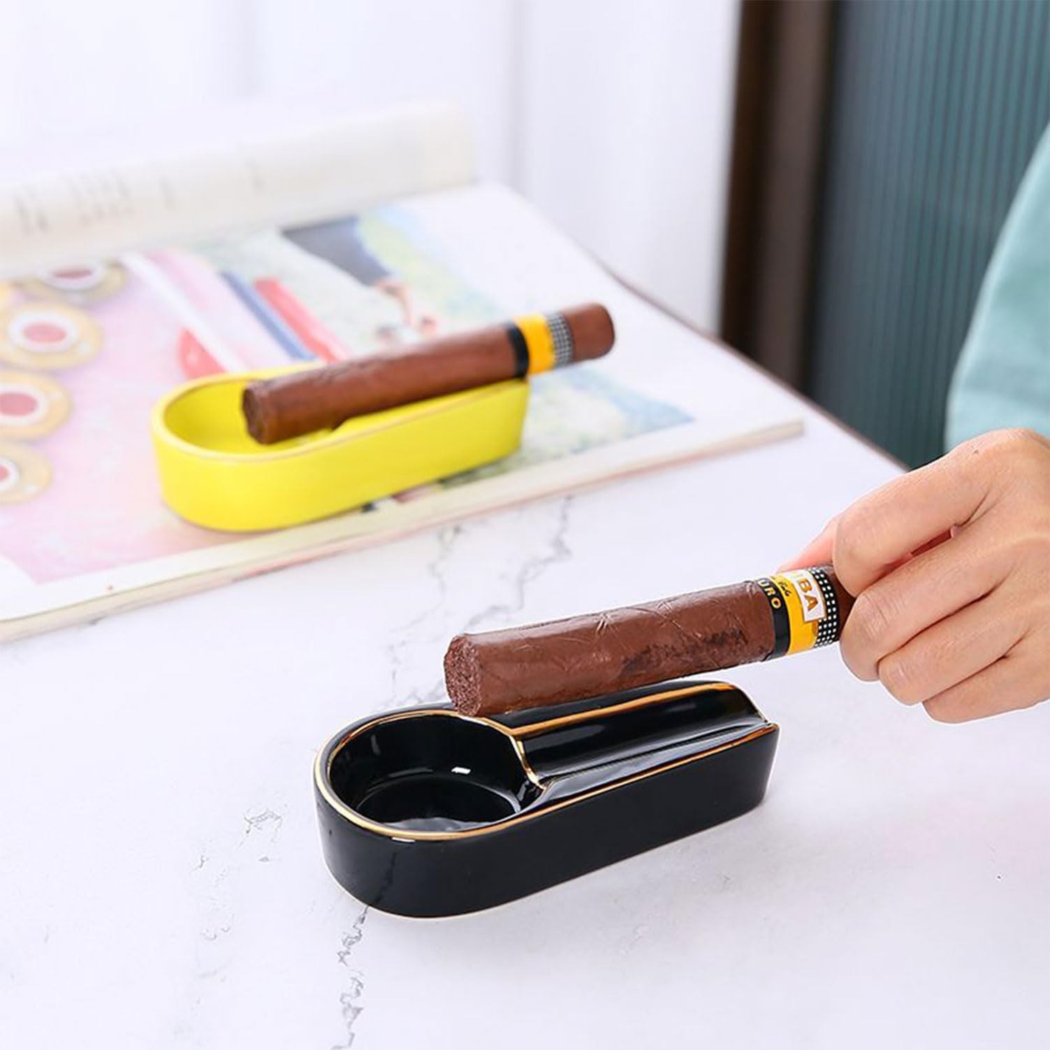 Cigar Ashtray Patio Single Ceramic Outdoor Ash Tray Cigars Portable Travel Po...