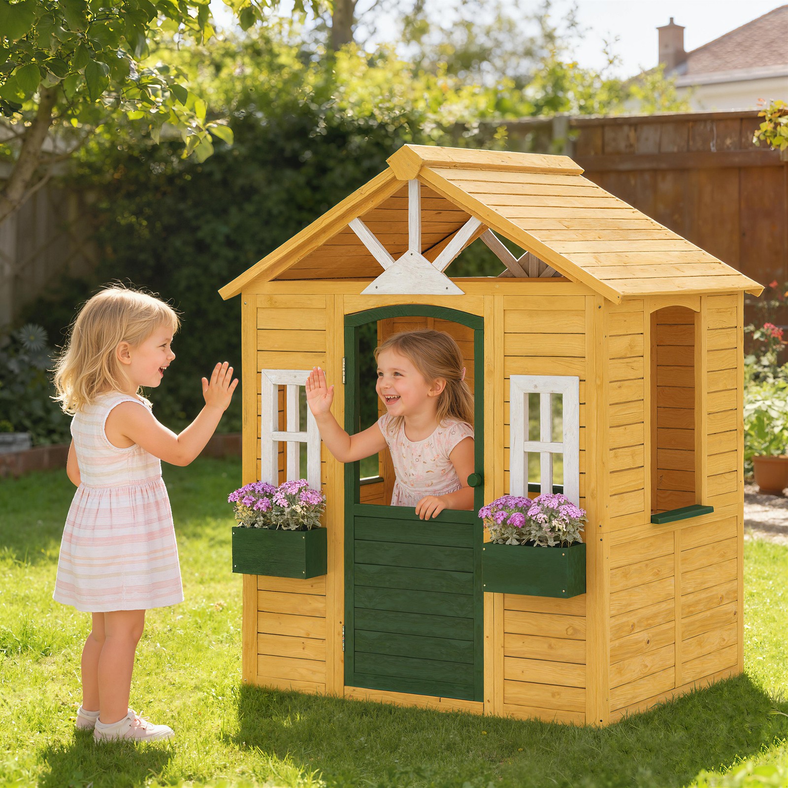 Qaba Outdoor Playhouse, Wooden Kids Playhouse with Door, 2 Flower Boxes
