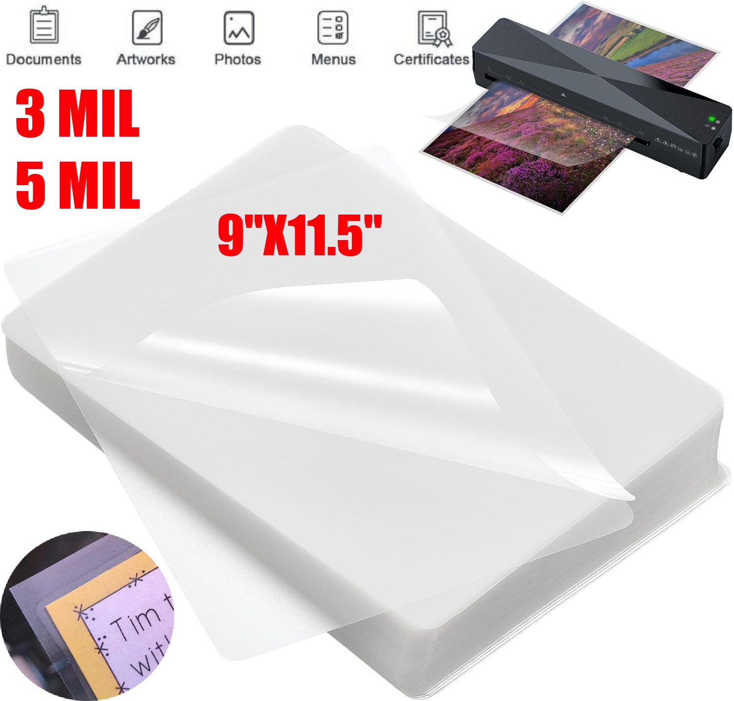 3/5Mil Clear Thermal Laminating Pouches Letter 9"x11.5" Size Laminator Sheets US