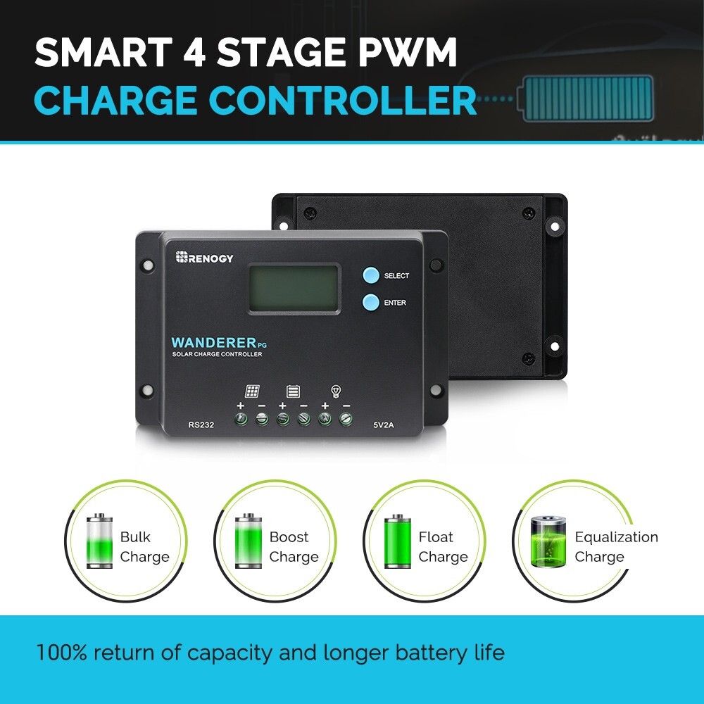 Renogy Wanderer 10A PWM Solar Charge Controller Positive Ground LCD Regulator
