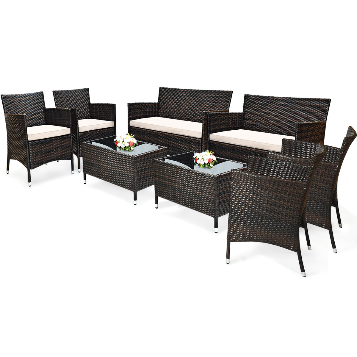 8 PC Patio Rattan Sofa Set Outdoor Patio PE Cushioned Couch Wicker Furniture