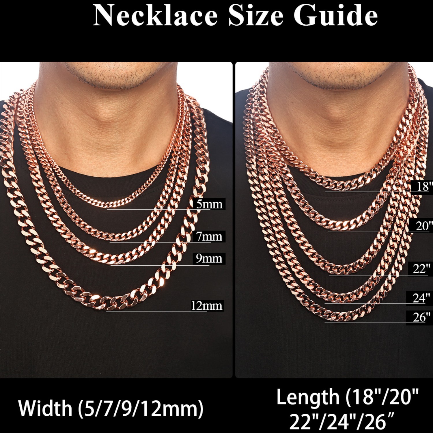 99.9% Pure Copper Necklace Cuban Curb Chain- 5, 7, 9, 12mm Widths 18"-26" Length