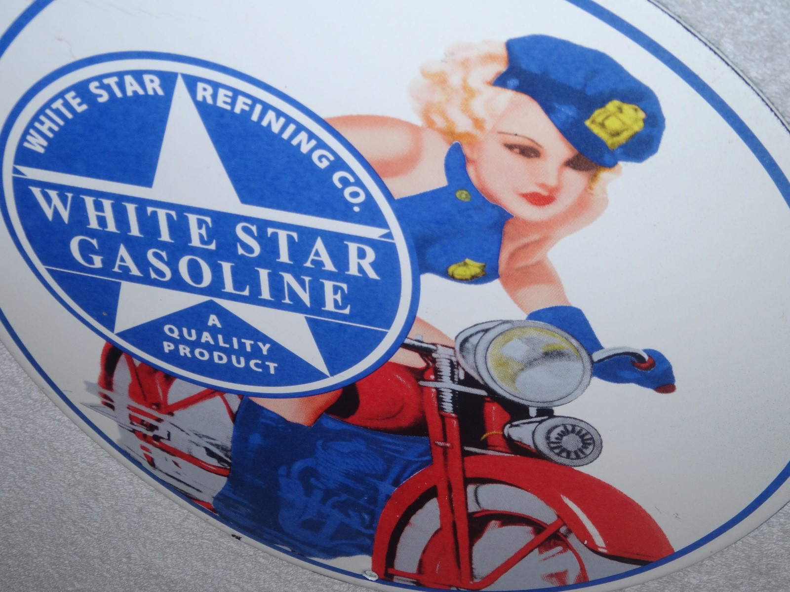 VINTAGE WHITE STAR GASOLINE "WOMAN ON MOTORCYCLE" 12" PORCELAIN METAL MOBIL SIGN