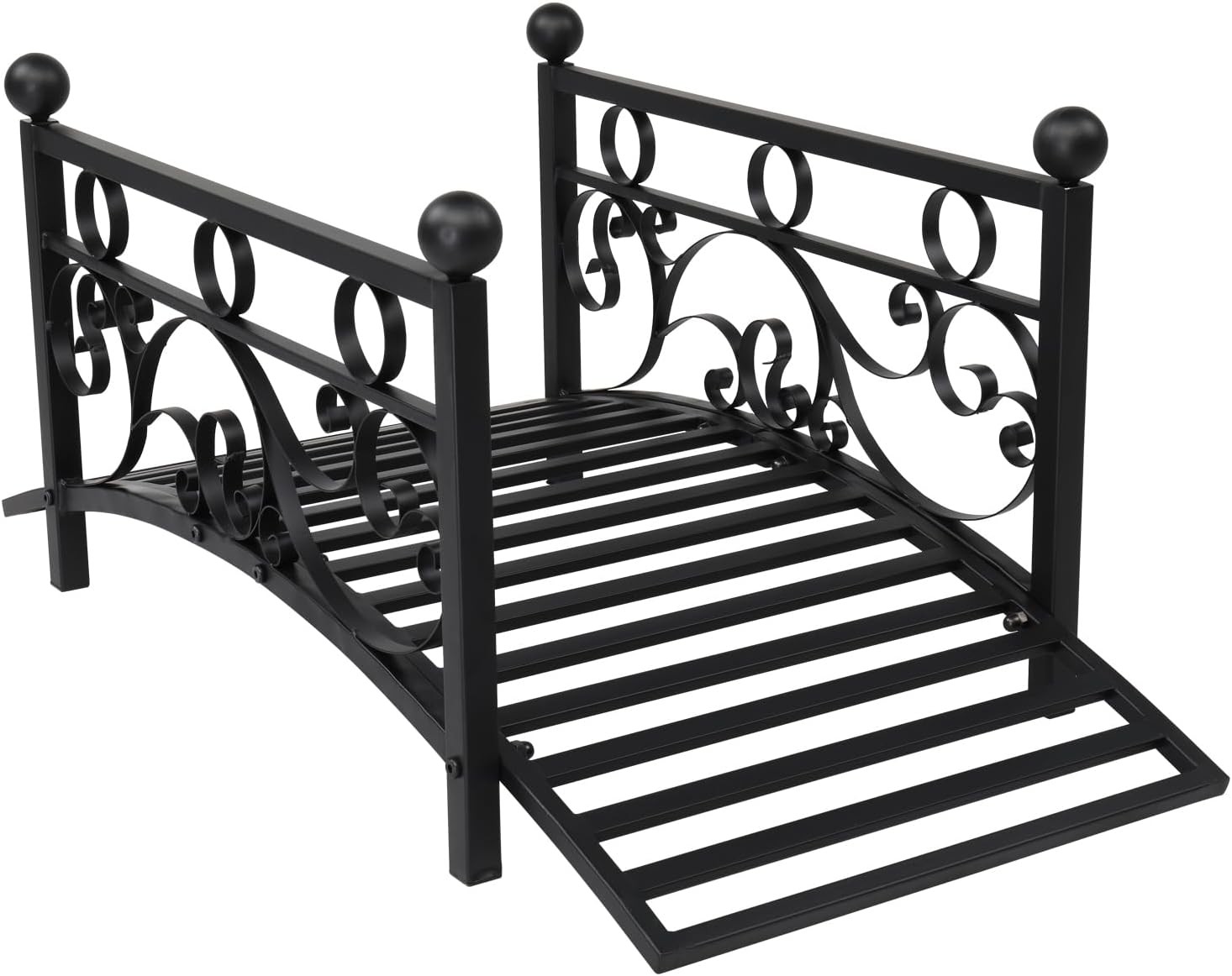 Outdoor Metal Arch Garden Bridge w/Safety Siderails, Decorative Iron Footbridge