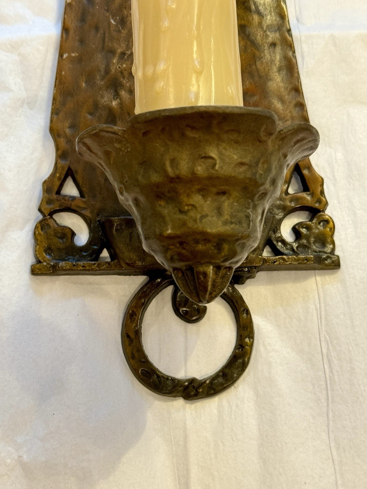 Antique Virden Dog Head Wall Sconces Arts Crafts Hammered Tudor