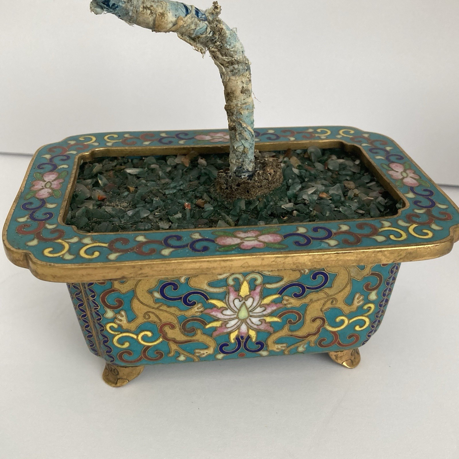 Pair Antique Chinese Jade Bonsai Tree in Cloisonne Pot w Amethyst Carnelian VTG