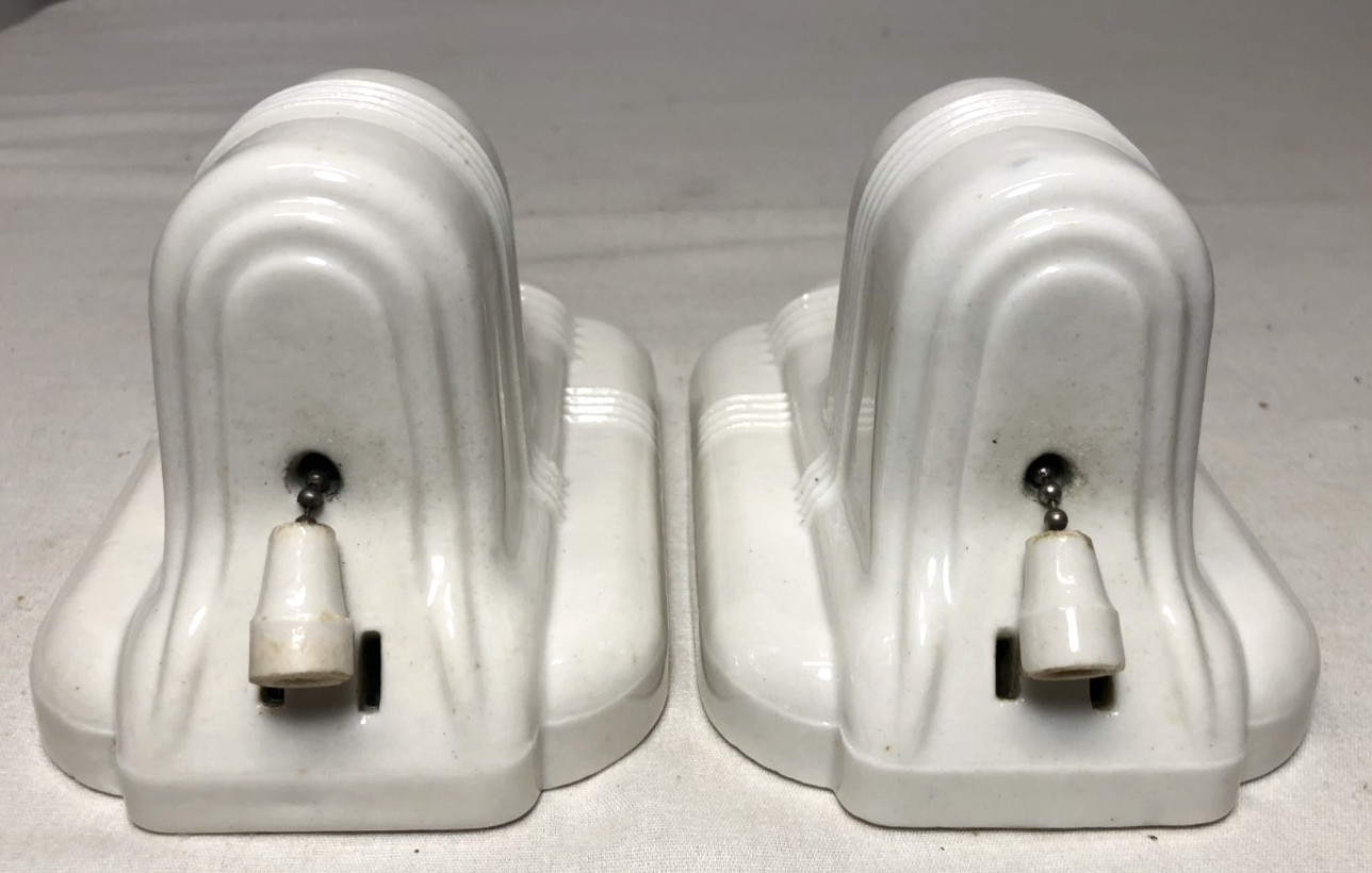 Vtg Porcelain Sconce Light Pair Bathroom Ceramic Wall Fixture Art Deco USA #L19