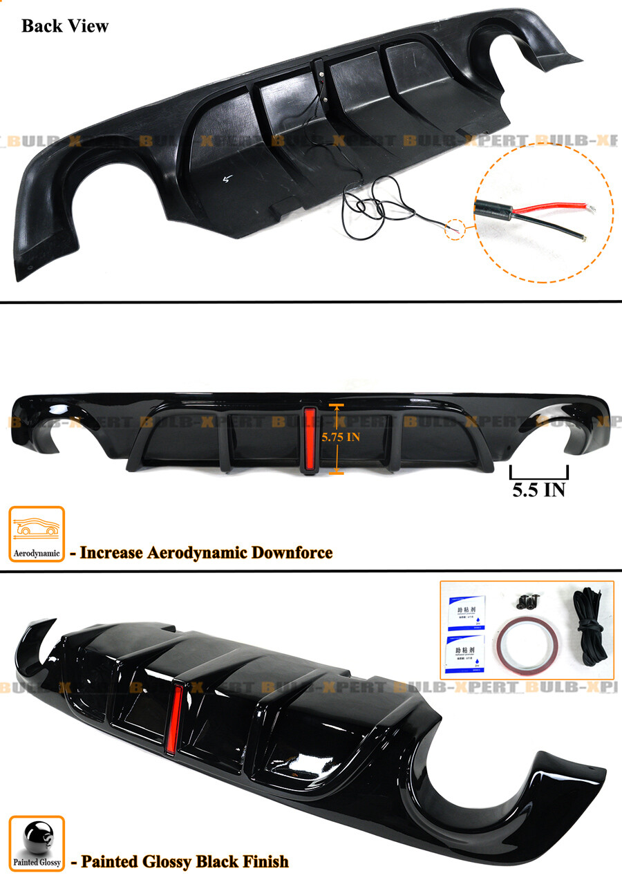 GLOSS BLACK REAR BUMPER DIFFUSER W/ V2 LED BRAKE LIGHT FOR 2018-23 INFINITI Q50