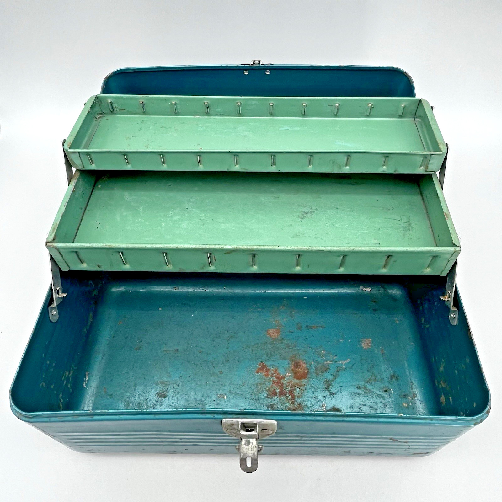 VTG Simonsen Green Teal Metal Tool Tackle Box 14" x 8" 2 Trays Industrial Patina