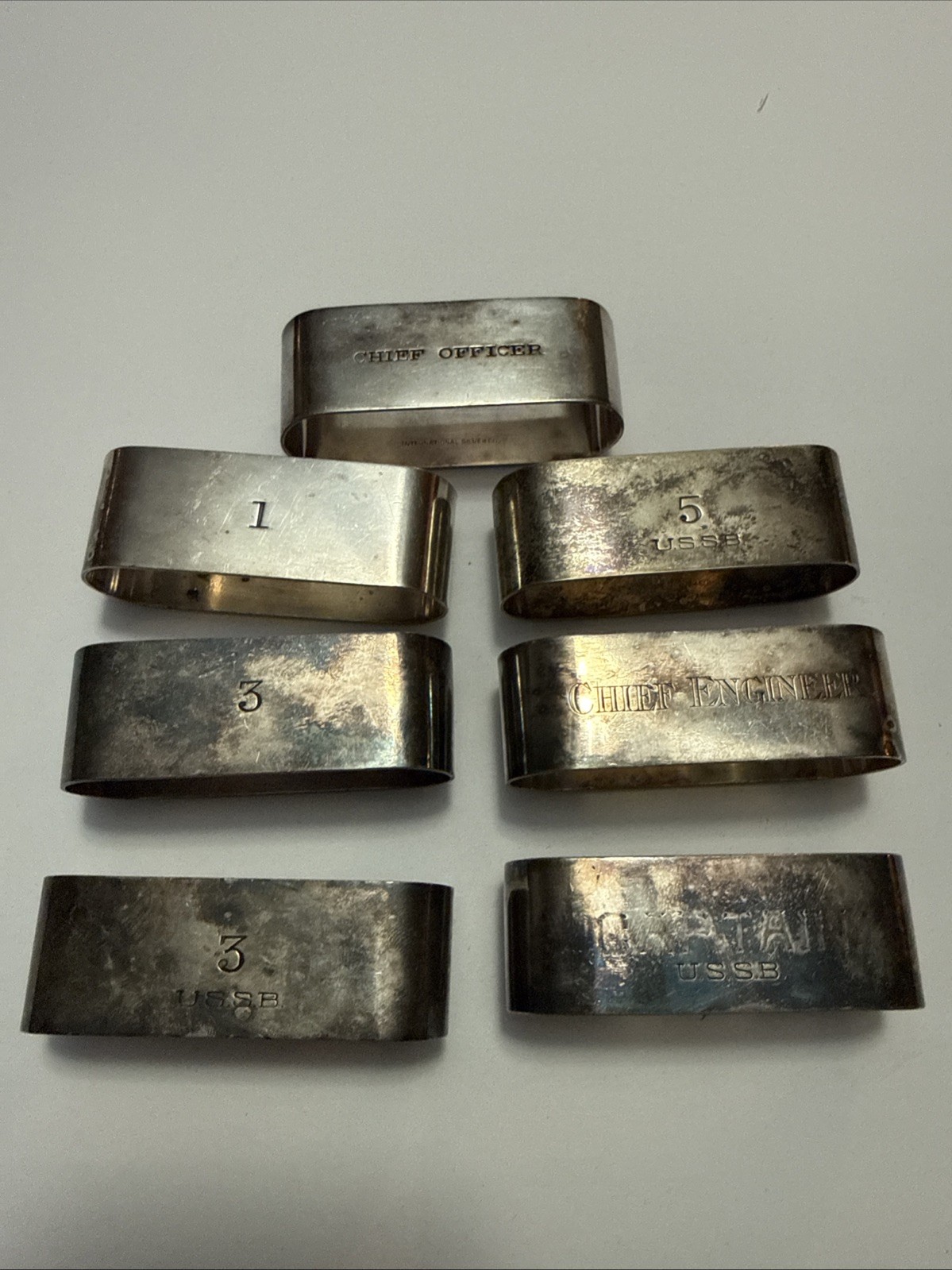 Rare Lot Of 7 INTERNATIONAL SILVER CO. USSB (US SHIPPING BOARD) NAPKIN RINGS