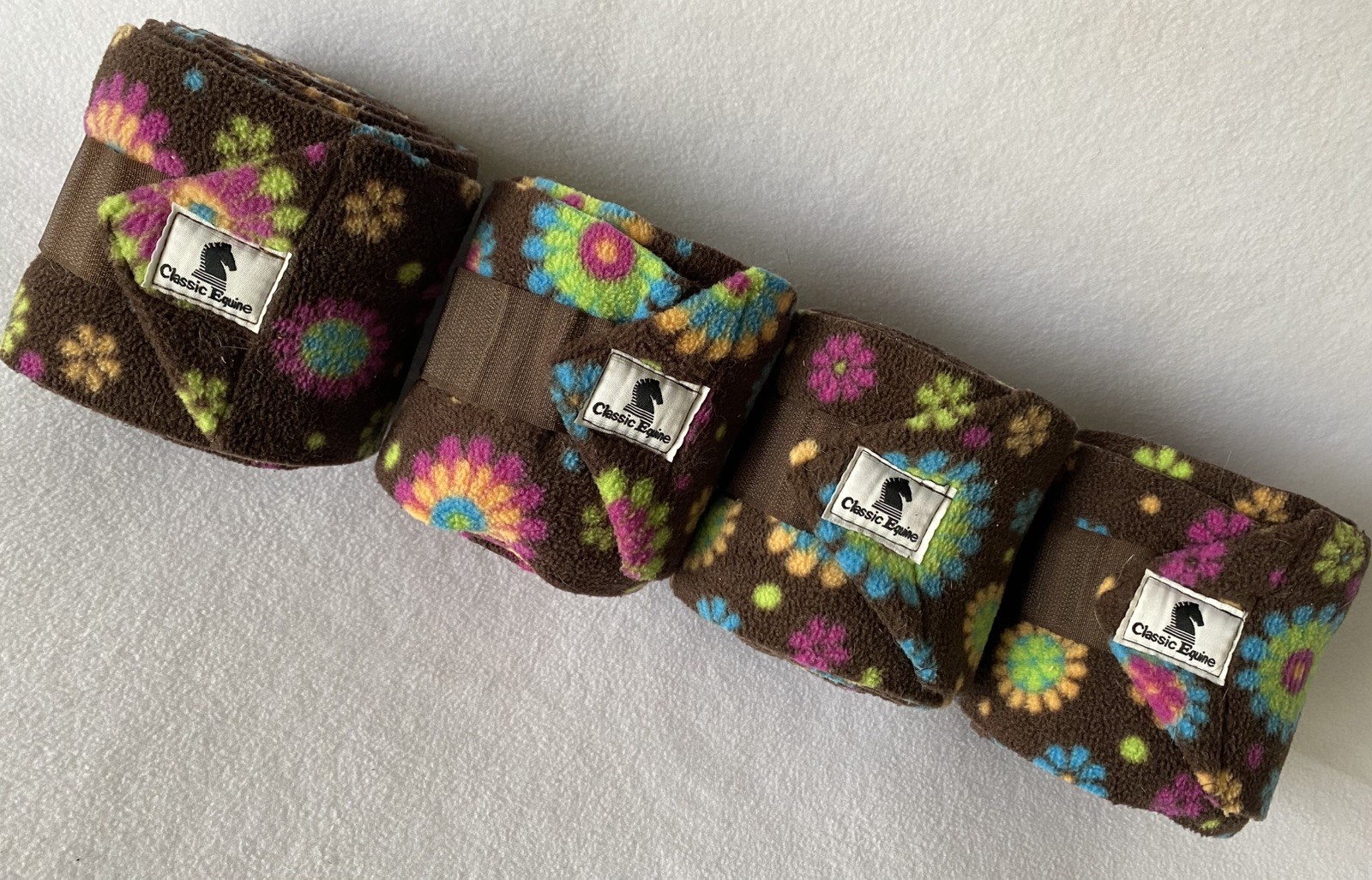 CLASSIC EQUINE Set of(4) POLO WRAPS ~Chocolate FLOWER Pattern~LIGHTLY USED~CLEAN