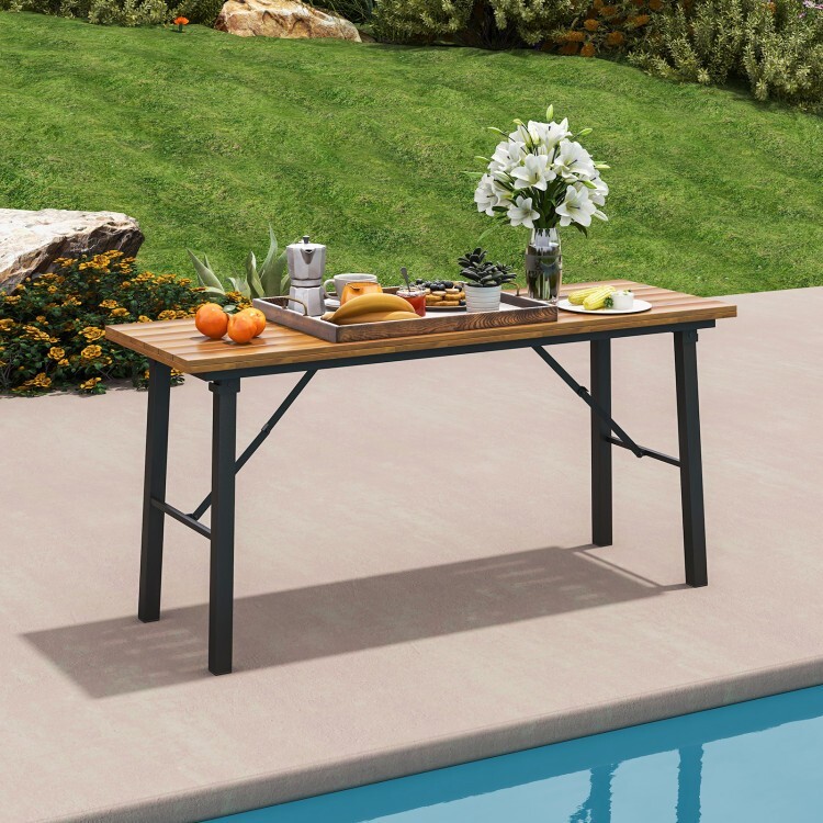 Outdoor Activities Patio Garden Foldable Dining Table Acacia Wood w/ Metal Frame