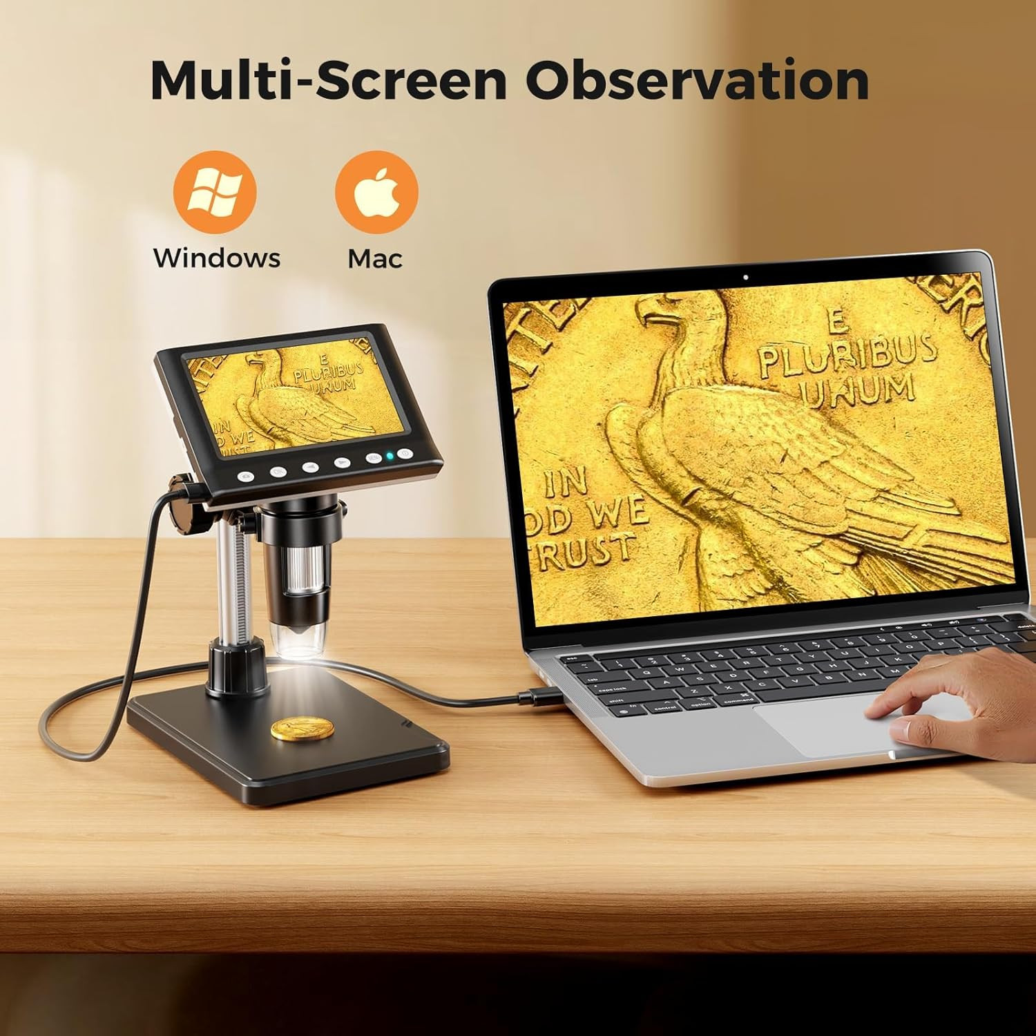 4.3 Inch LCD Digital Coin Microscope, 1000X USB Magnifier with 8 Adjustable LED