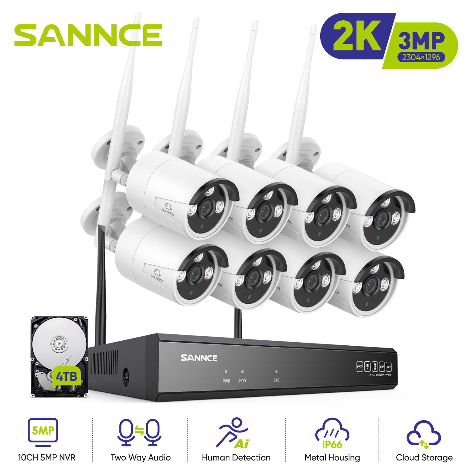SANNCE Wireless 3MP Two Way Audio IP Security Camera System 5MP 10CH NVR WIFI AI