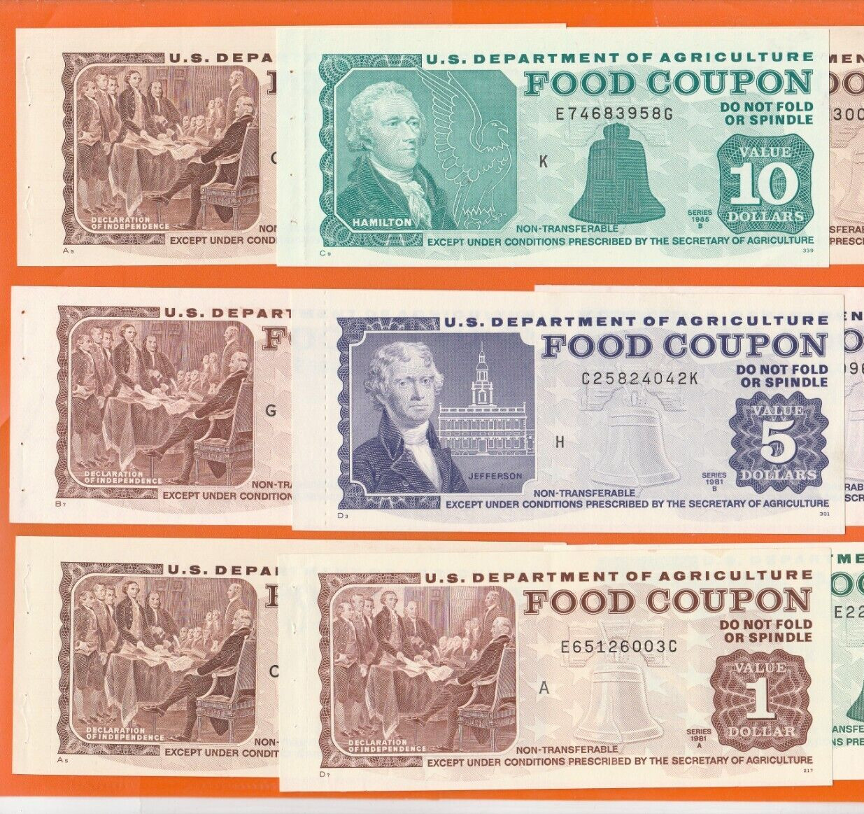 FOOD STAMP COUPON 3 COUPONS $10.00 $5.00 $1.00 USDA AGRICULTURE scrip TOKEN UNC
