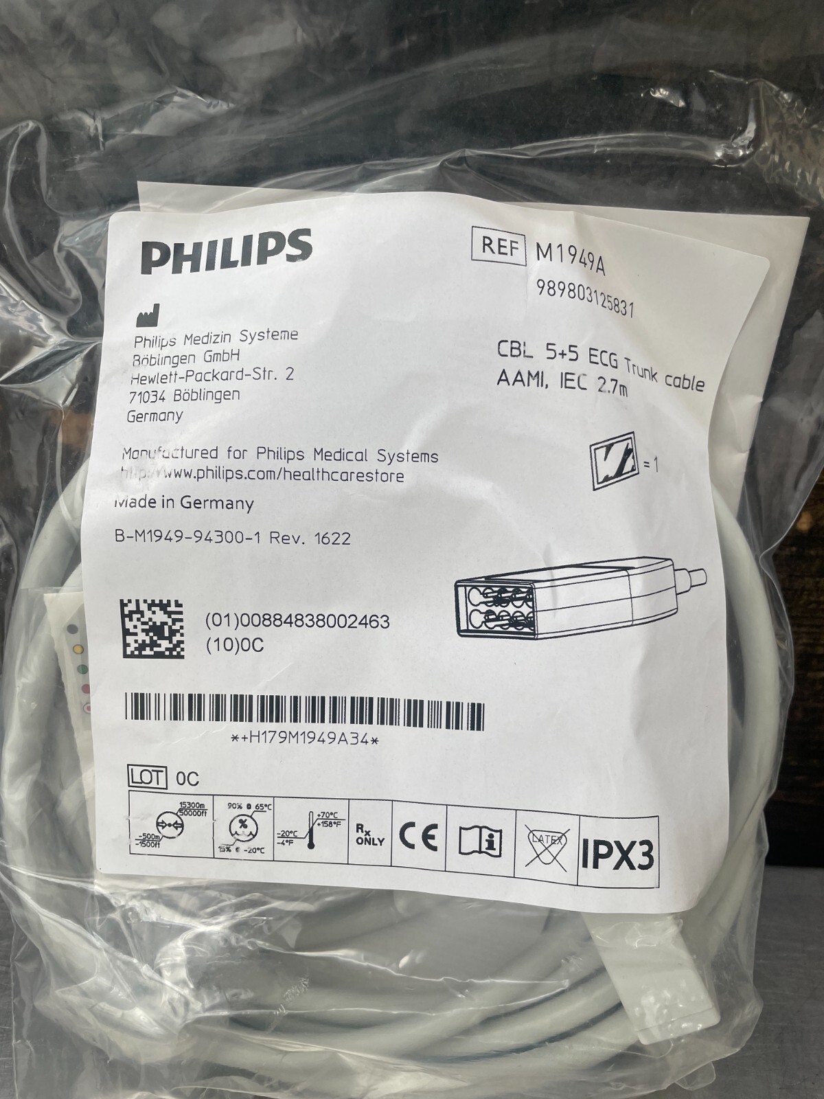 Philips M1949A ECG Trunk Cable 12 Pin to 10 Lead Multi-Link ECG Trunk Cable 2.7m