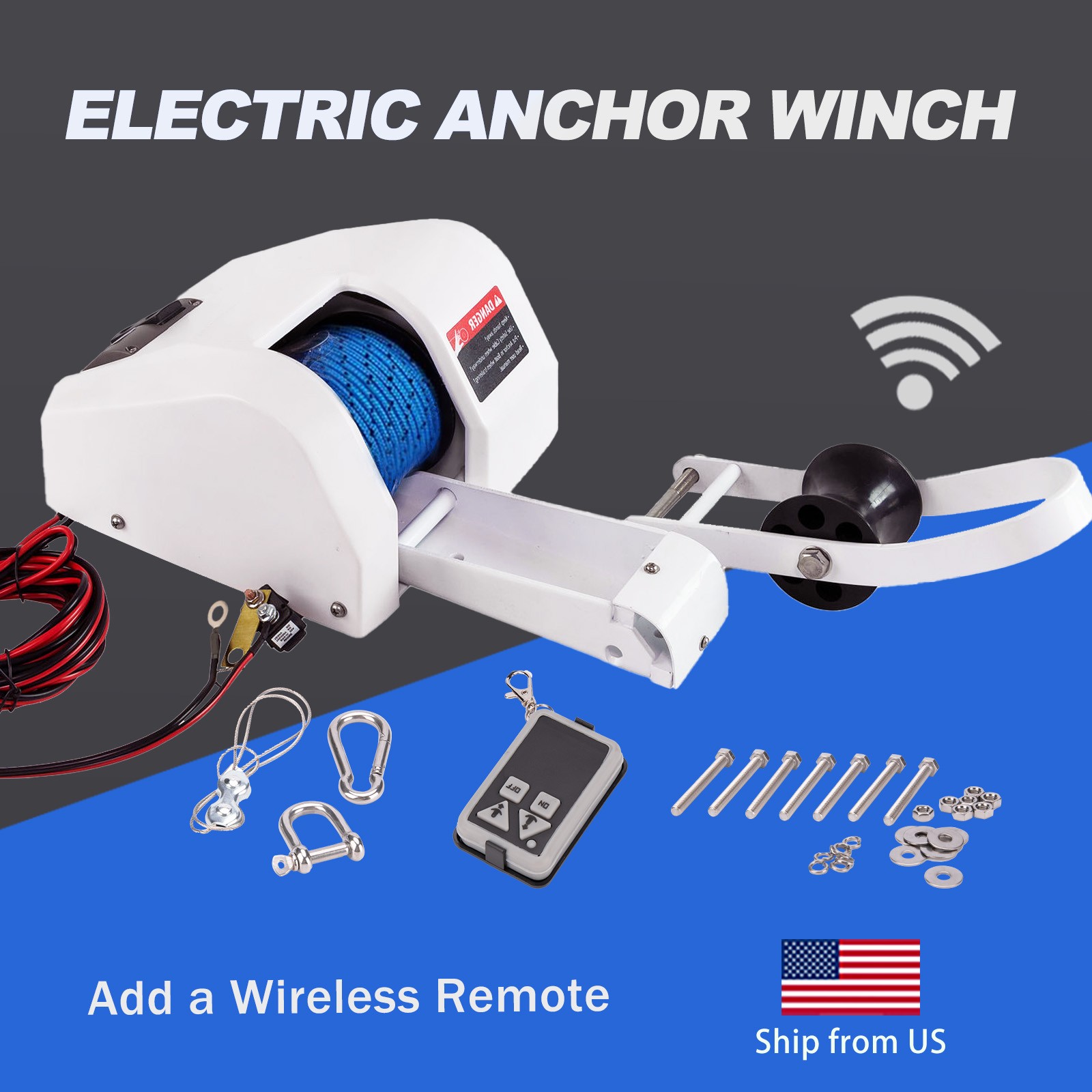 35 LBS Saltwater Electric Anchor Winch With Wireless Remote Control Kit Boat